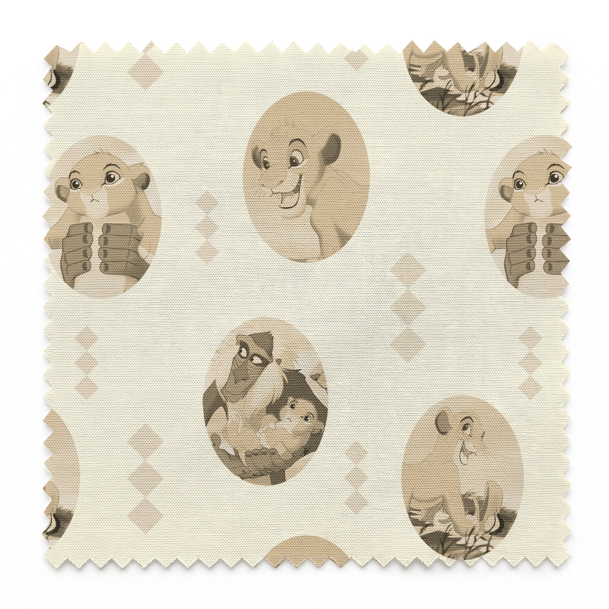 Lion King characters in sepia tone portraits on cream background with diamond pattern springs swatch pinked