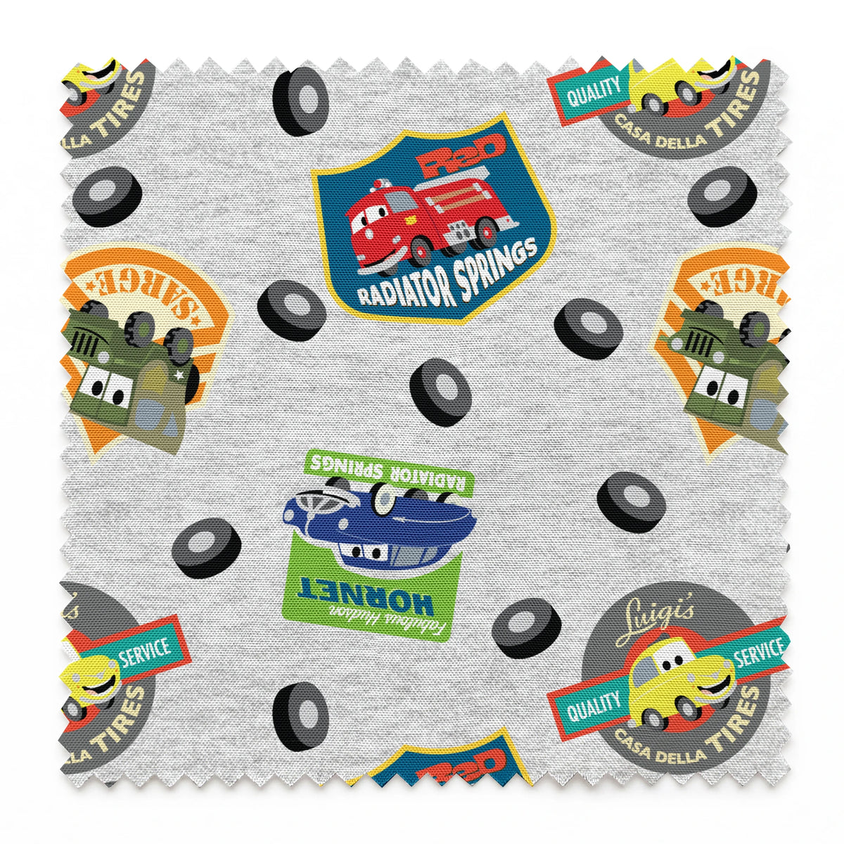 Cartoon vehicle characters on gray fabric with badges for Radiator Springs, Luigi's, and Sarge's springs swatch pinked