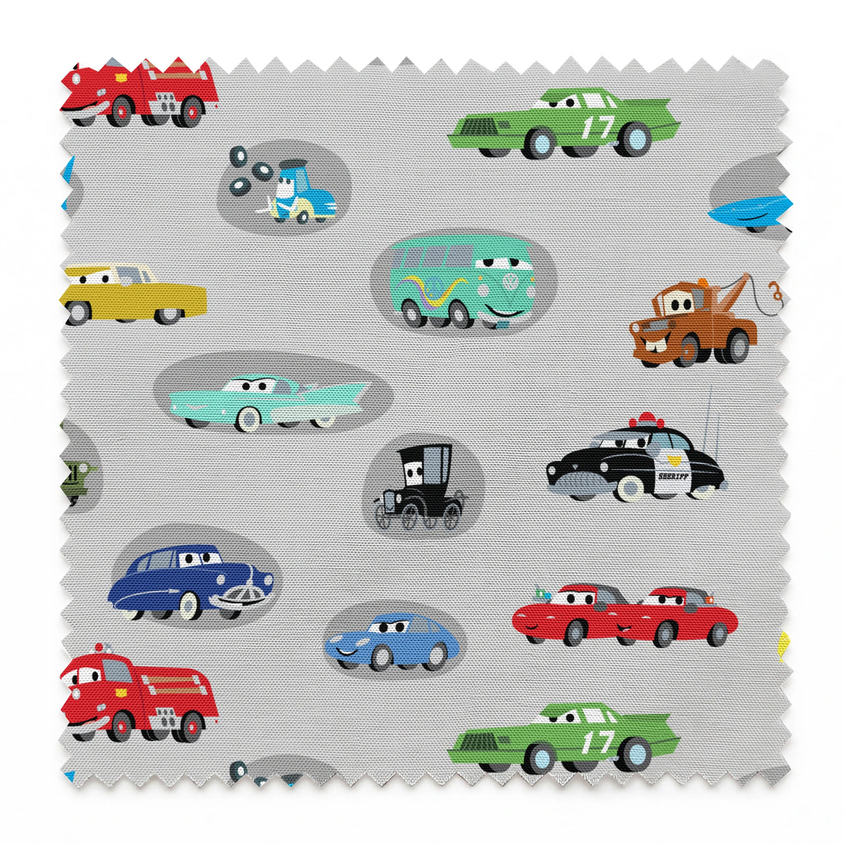 Various cartoon toy cars and vehicles in different colors (red, blue, green, yellow) displayed against a gray background with cute animated faces. springs swatch pinked