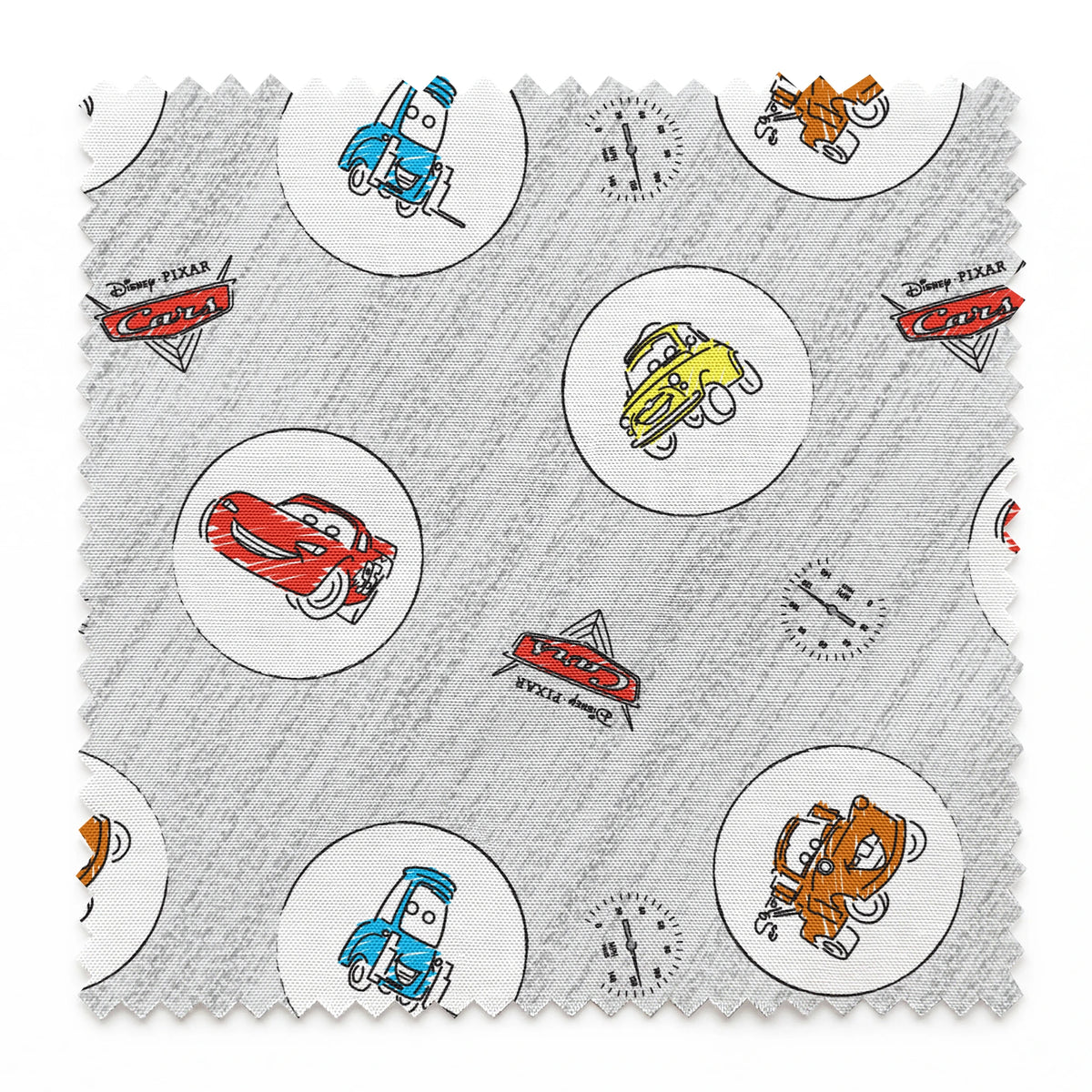 Cartoon Cars movie characters in white circles on a light gray sketched background with Cars logos springs swatch pinked