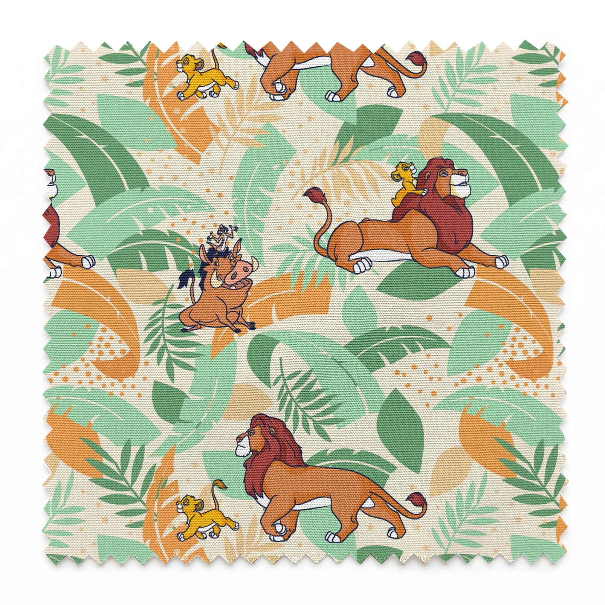 Lion King-inspired pattern with lions and jungle animals amid colorful tropical leaves on cream background springs swatch pinked