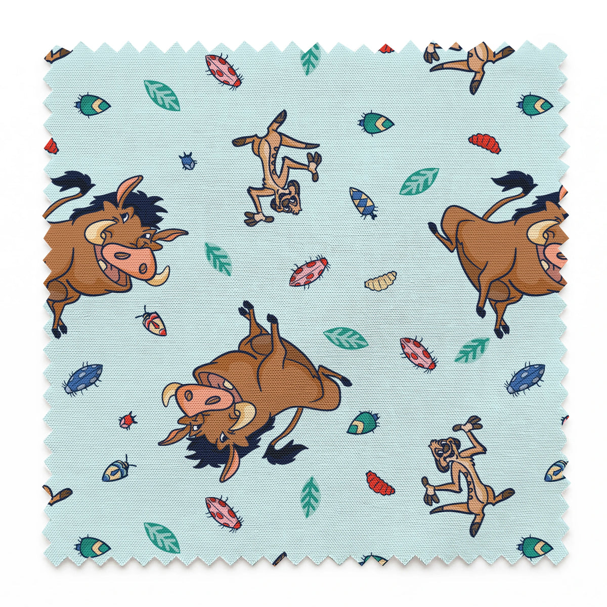Lion King characters and colorful leaves scattered on light blue background in playful pattern springs swatch pinked