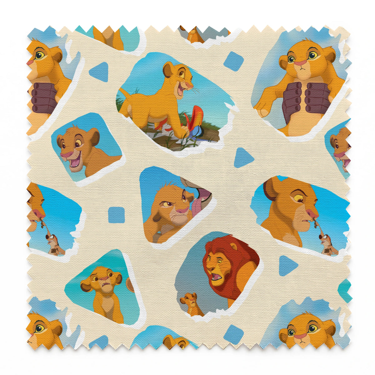 Young lion cub characters from The Lion King in a repeating pattern on cream background springs swatch pinked