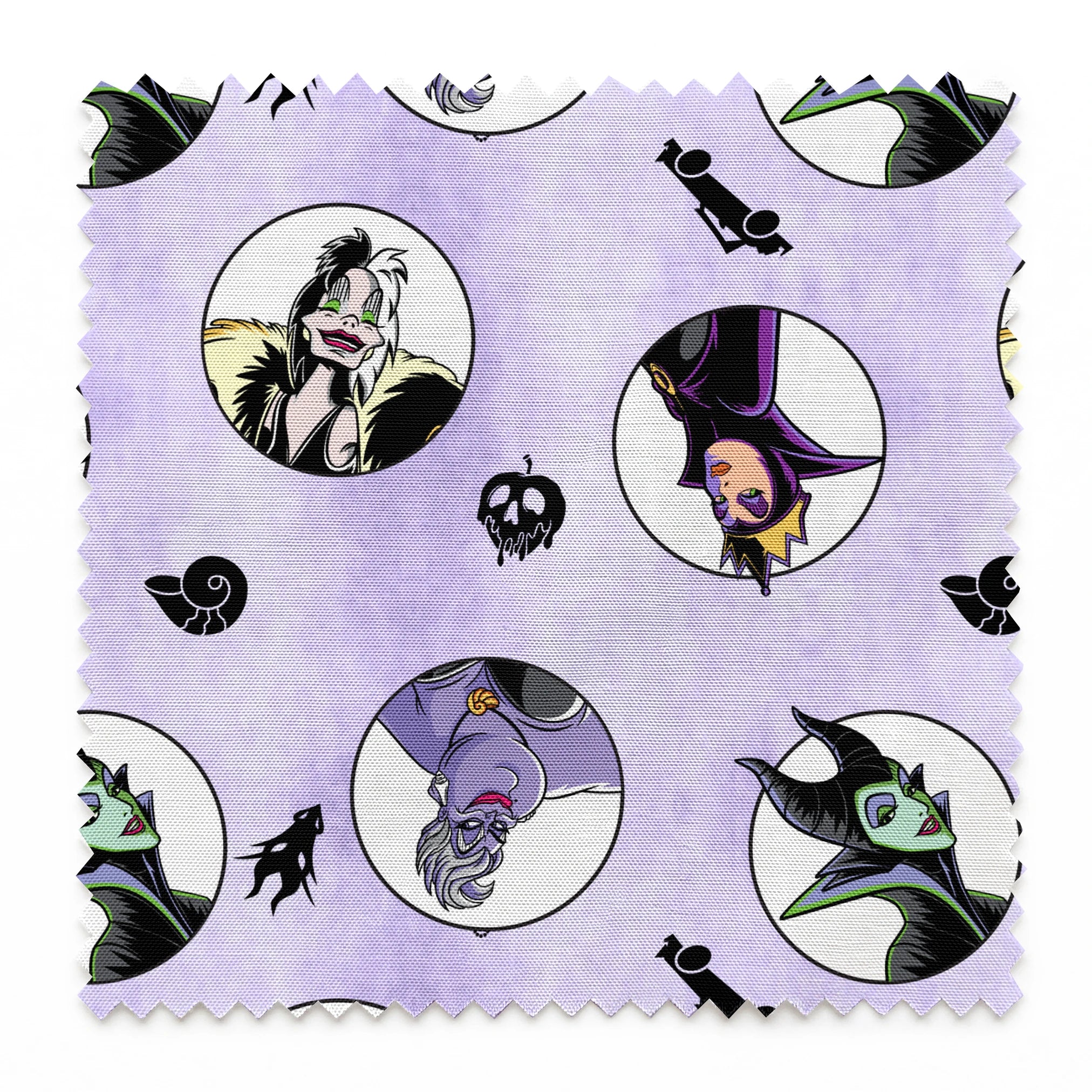 Disney villains pattern with circular character portraits on lavender background with black silhouettes of iconic symbols springs swatch pinked