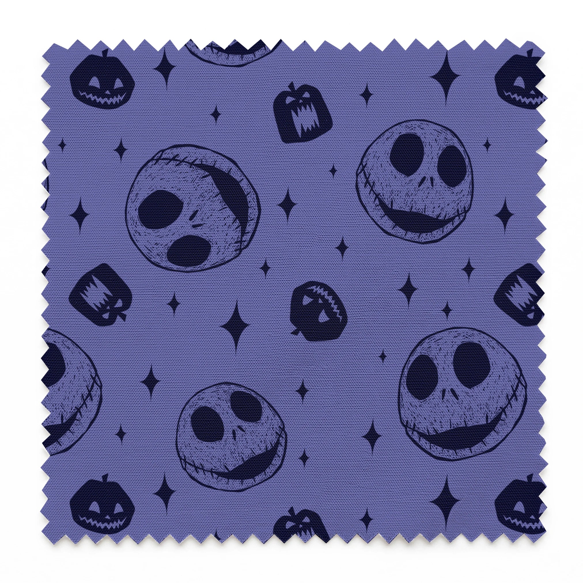 Nightmare Before Christmas skull and pumpkin pattern on purple background with black star shapes springs swatch pinked