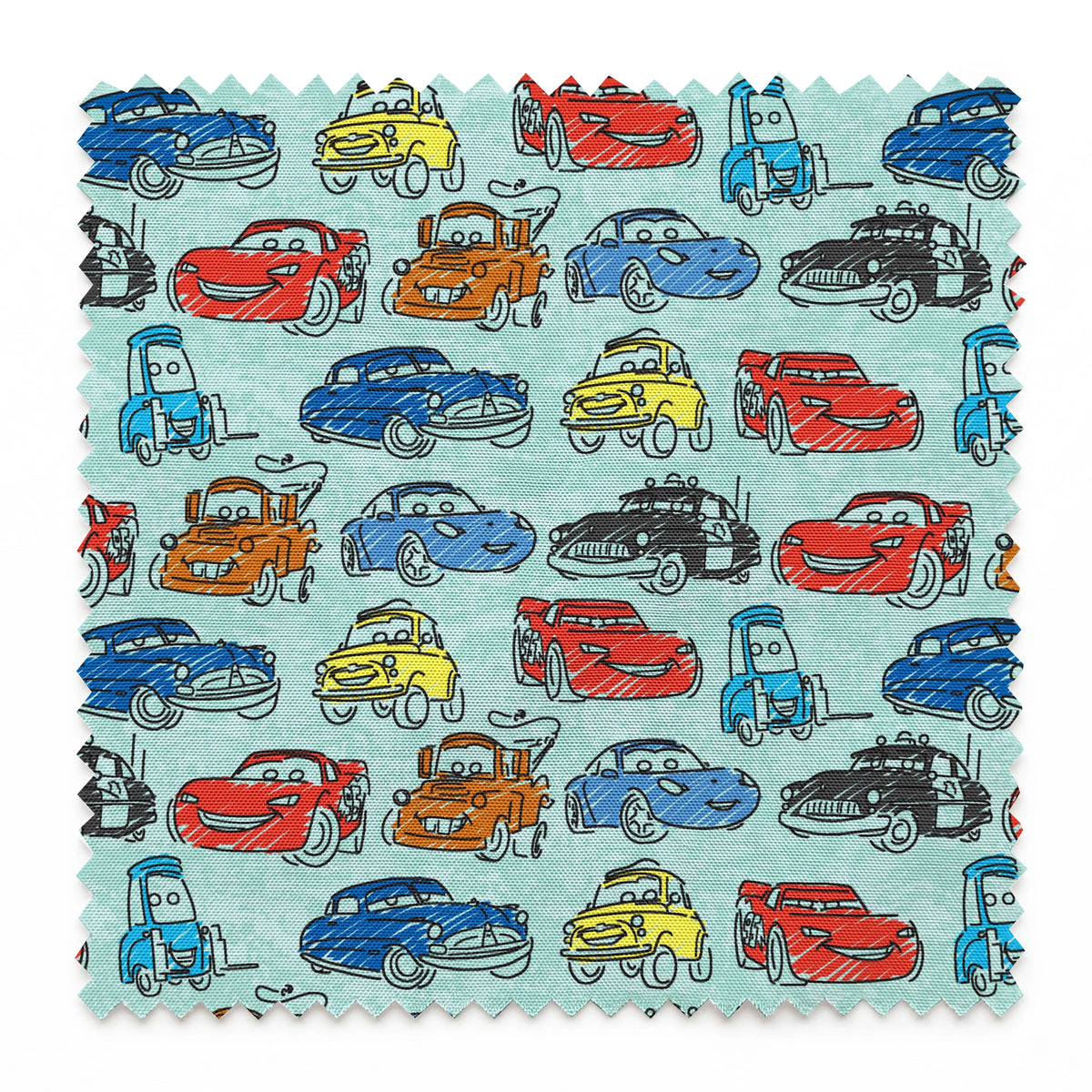 Colorful cartoon cars pattern including red racecars, blue sedans, yellow coupes, and tow trucks on light blue background springs swatch pinked