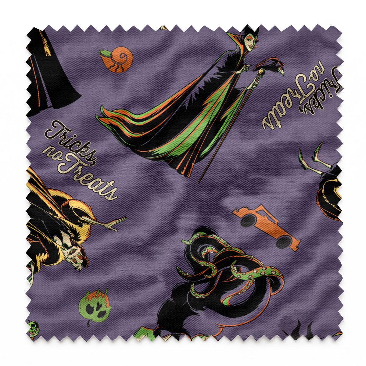 Cartoon villains pattern featuring Maleficent and other Disney antagonists on purple background springs swatch pinked