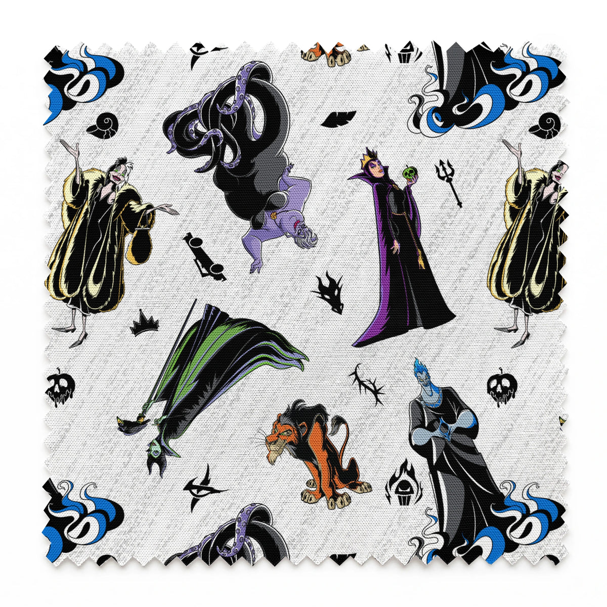 Disney villains pattern with stylized character silhouettes in black, purple, green, and orange on textured white background springs swatch pinked
