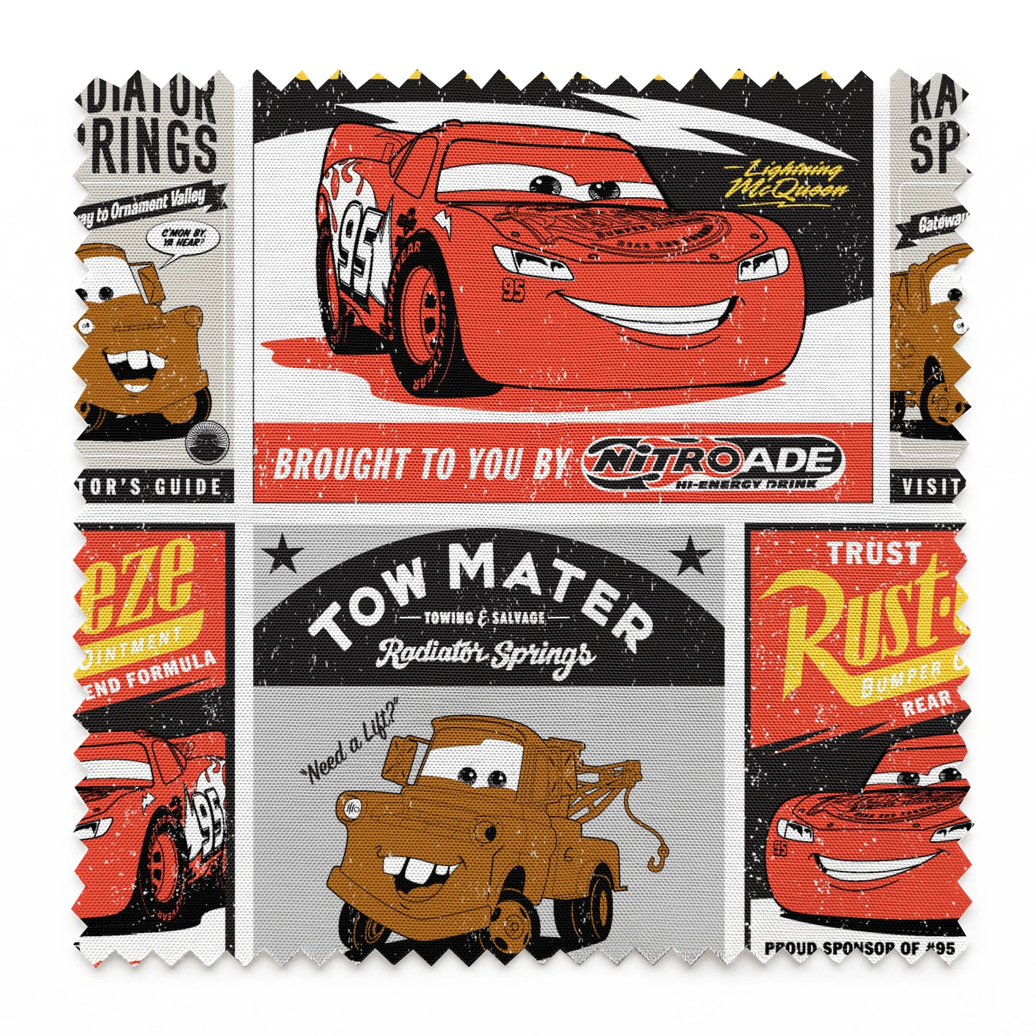 Cars merchandise posters featuring red race car saying "Speed. I am speed." and brown tow truck character with "Tow Mater" in vintage advertising style springs swatch pinked