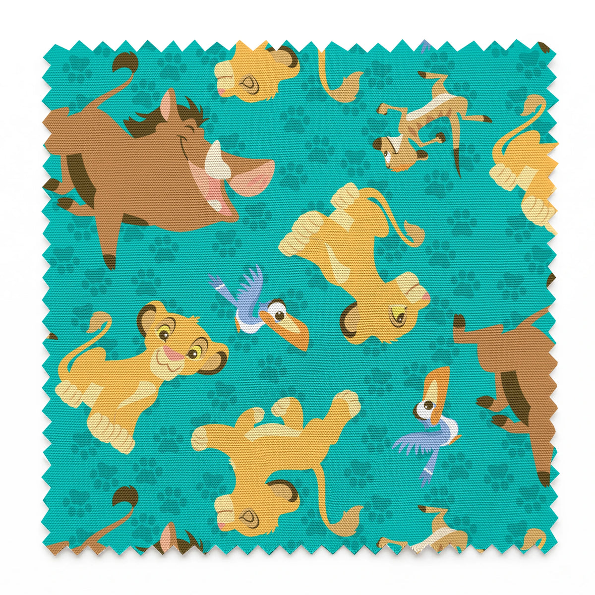 Cartoon Lion King characters pattern with Simba, Pumbaa and others on turquoise paw print background springs swatch pinked