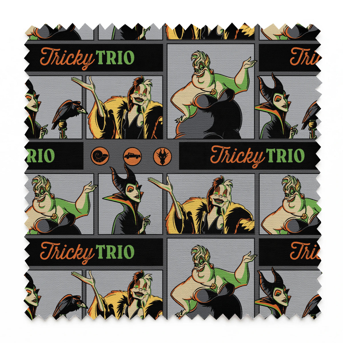 Cartoon-style villains "Tricky Trio" pattern with Maleficent, Cruella, and Ursula in green and orange text springs swatch pinked