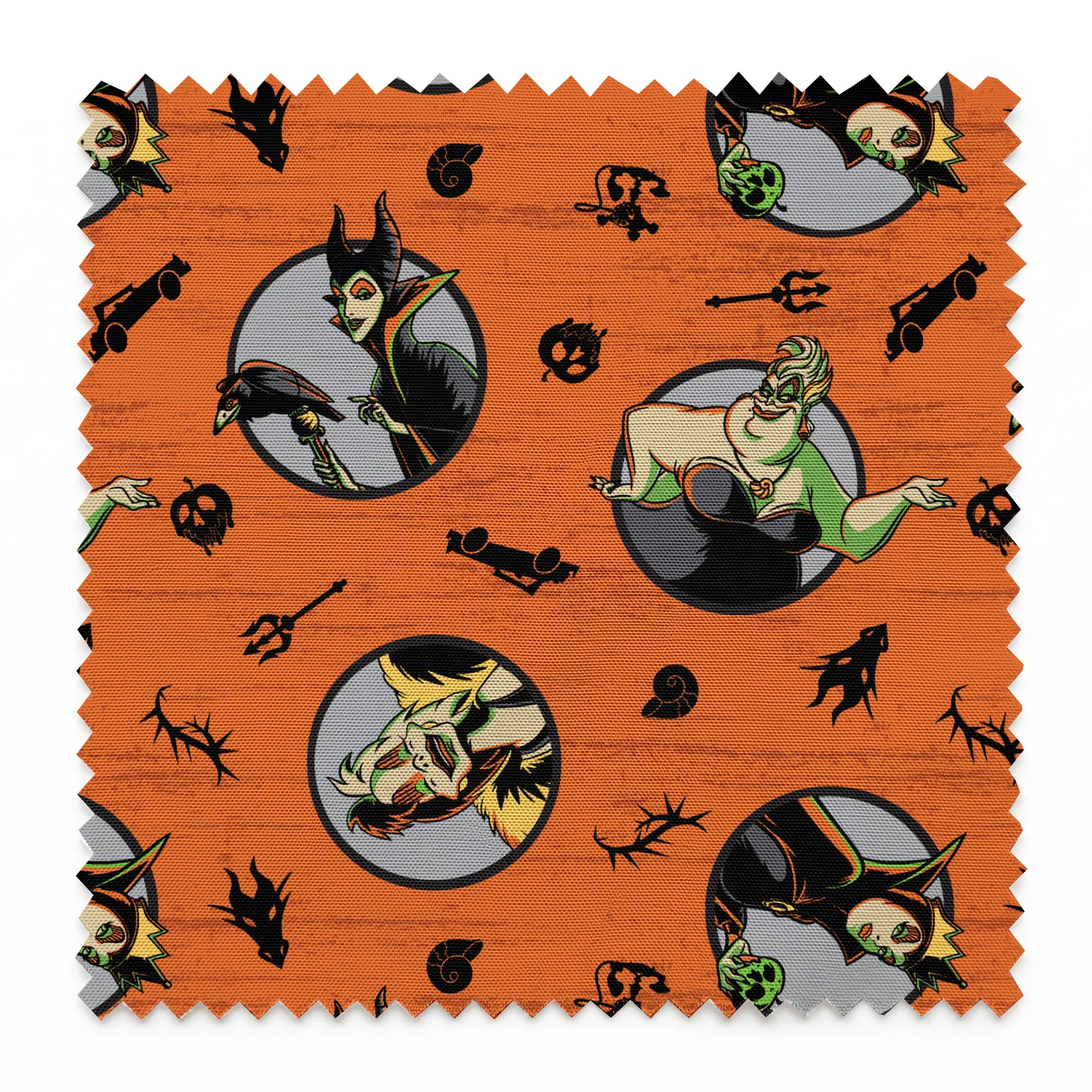 Halloween-themed orange pattern with circular Disney Villain portraits, black cats, bats, pumpkins, and spooky symbols springs swatch pinked