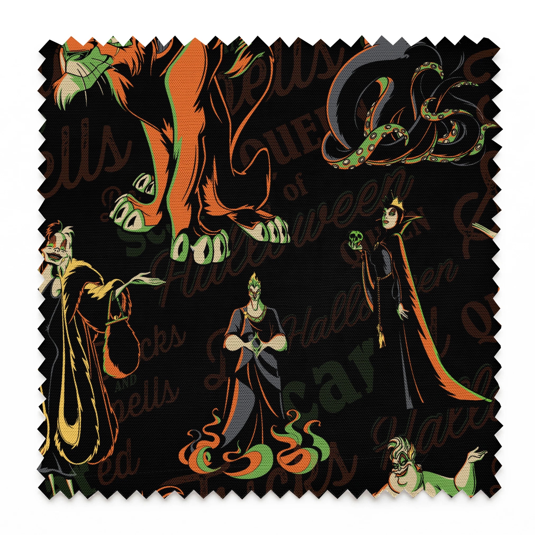 Dark background with Disney Villains in orange, green, and yellow silhouettes arranged in a repeating pattern springs swatch pinked