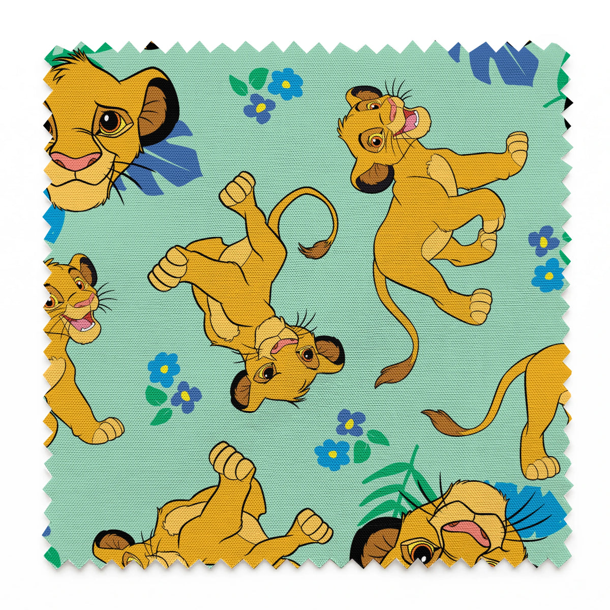 Cartoon lion cubs playing on mint green background with blue flowers and green leaves pattern springs swatch pinked