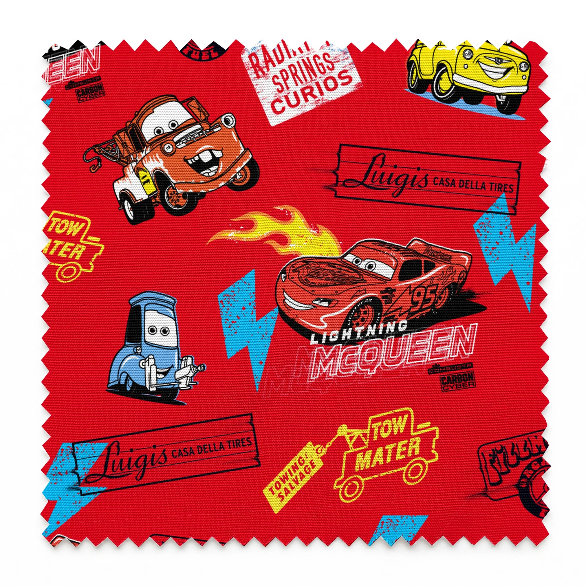 Colorful Disney Cars pattern featuring Lightning McQueen and Mater on vibrant red background with logos springs swatch pinked