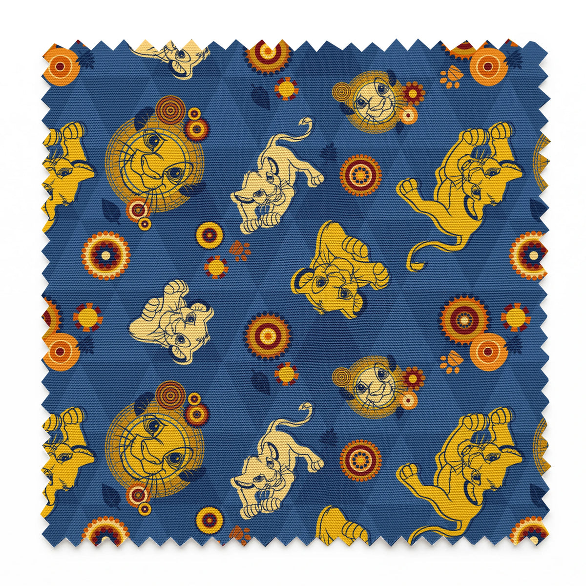 Geometric pattern with yellow lion figures and circular designs on blue triangular background springs swatch pinked
