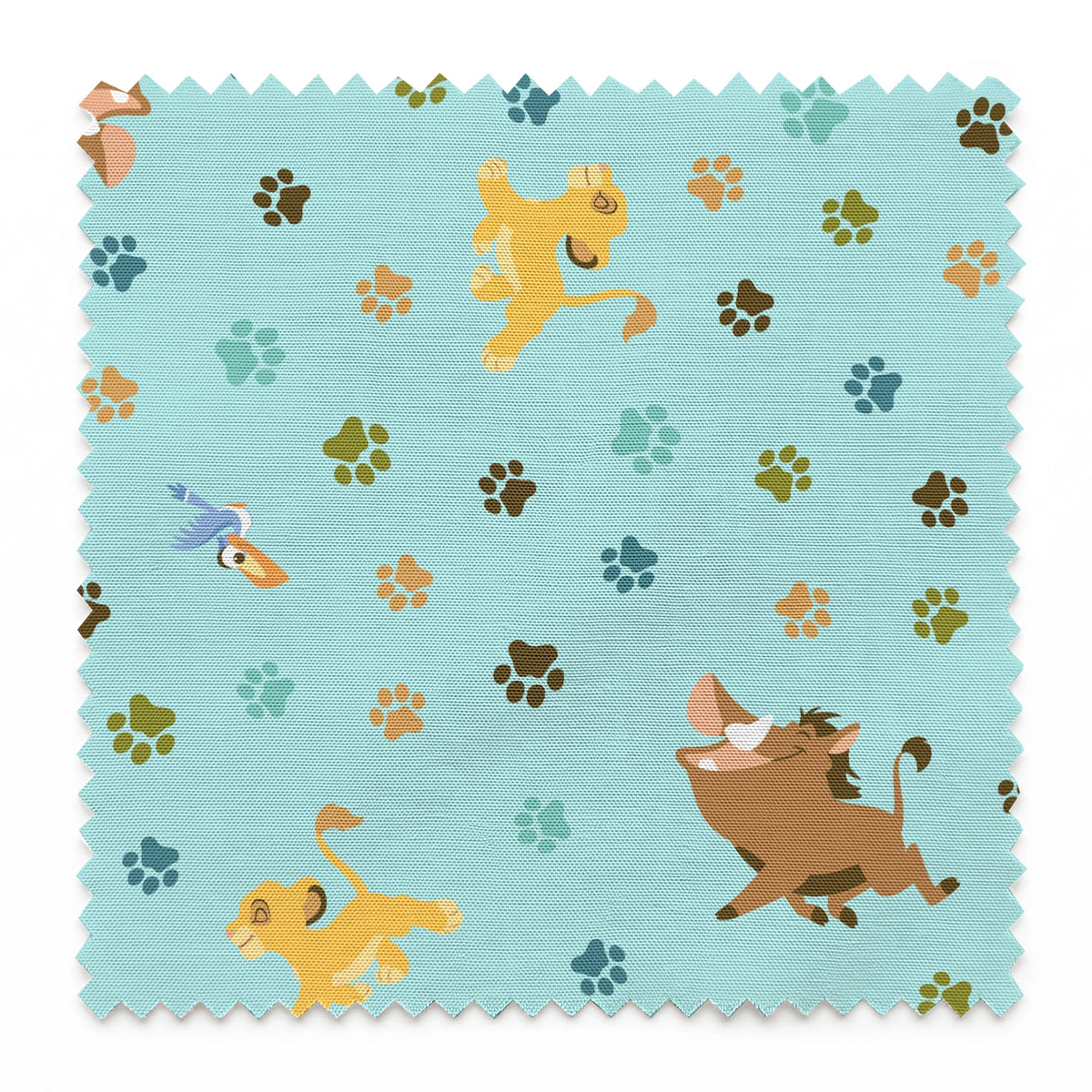 The Lion King pattern with paw prints on light blue background springs swatch pinked