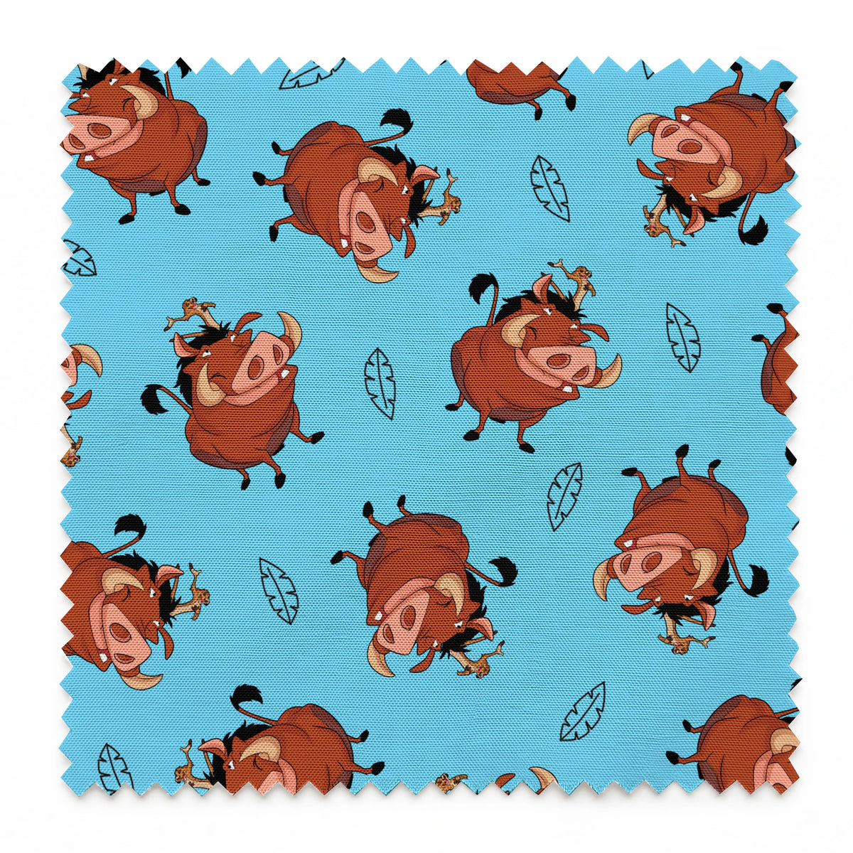 Cheerful Lion King characters with flower crowns dancing on light blue background with leaf patterns springs swatch pinked