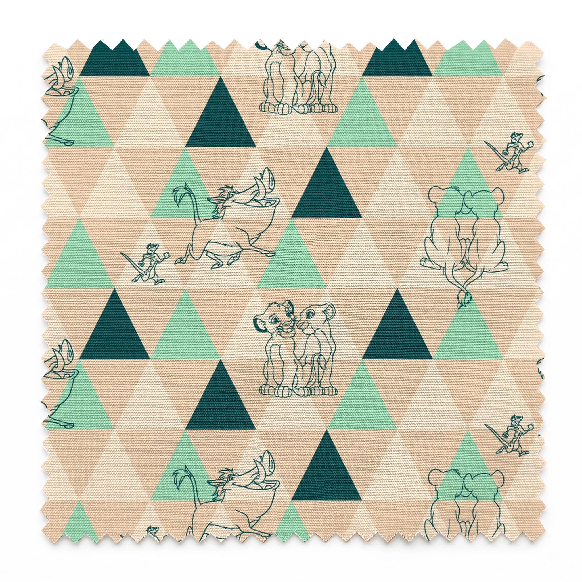 Geometric triangle pattern with stylized animal illustrations in teal and beige, featuring dogs, elephants, and other creatures. springs swatch pinked