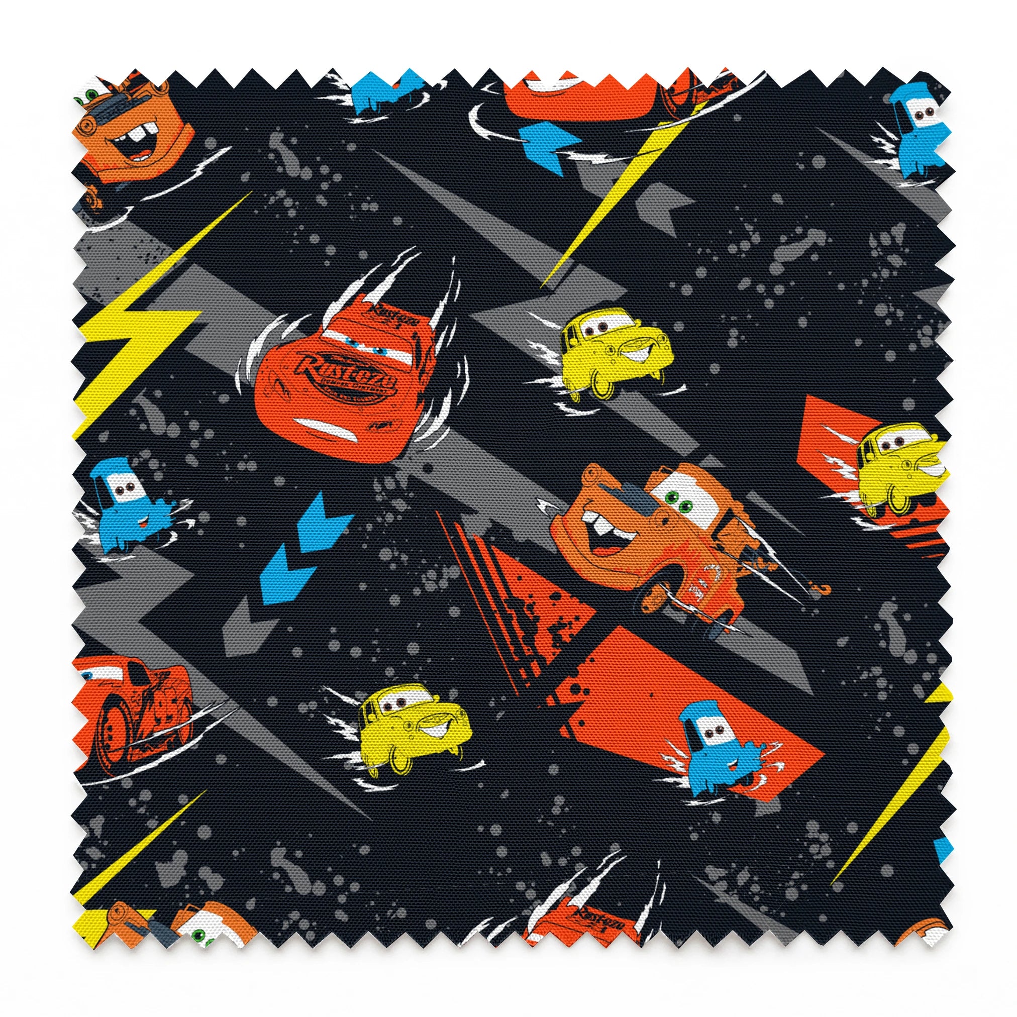 Pattern of animated red race cars with lightning bolt designs on dark background with yellow lightning strikes and blue accents springs swatch pinked