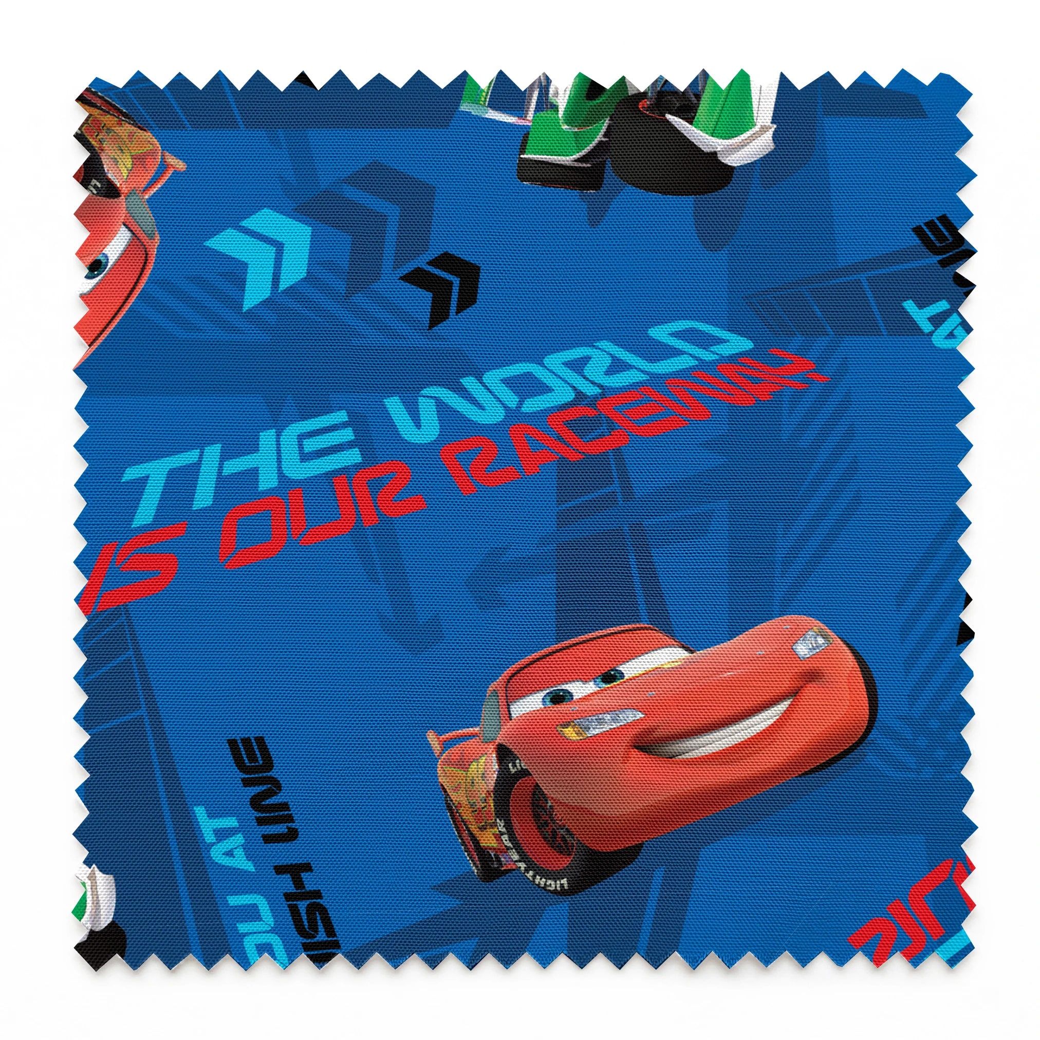 Blue fabric pattern with animated red race cars, "The World of Cars" text, and directional arrow designs springs swatch pinked