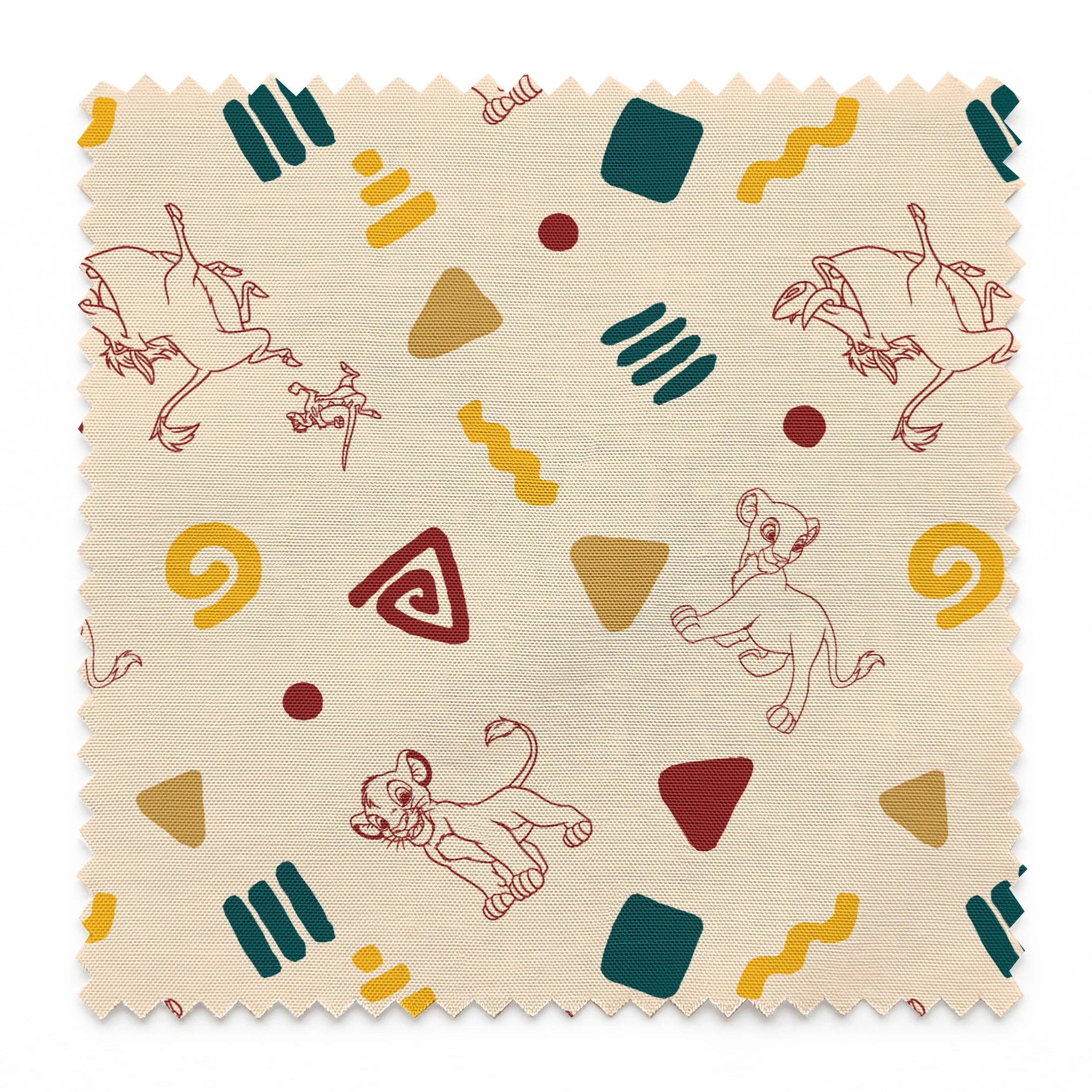 Abstract pattern with line art animal sketches, geometric shapes in teal, yellow, and burgundy on beige background springs swatch pinked