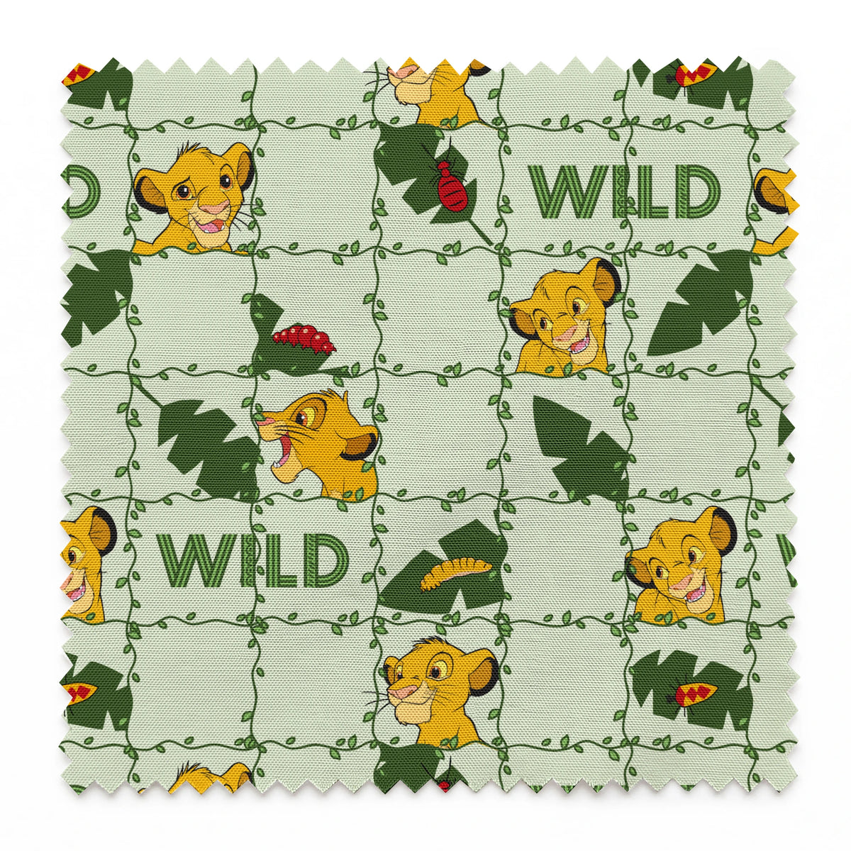 Young cartoon lion cubs with tropical leaves and "WILD" text on light green background pattern springs swatch pinked