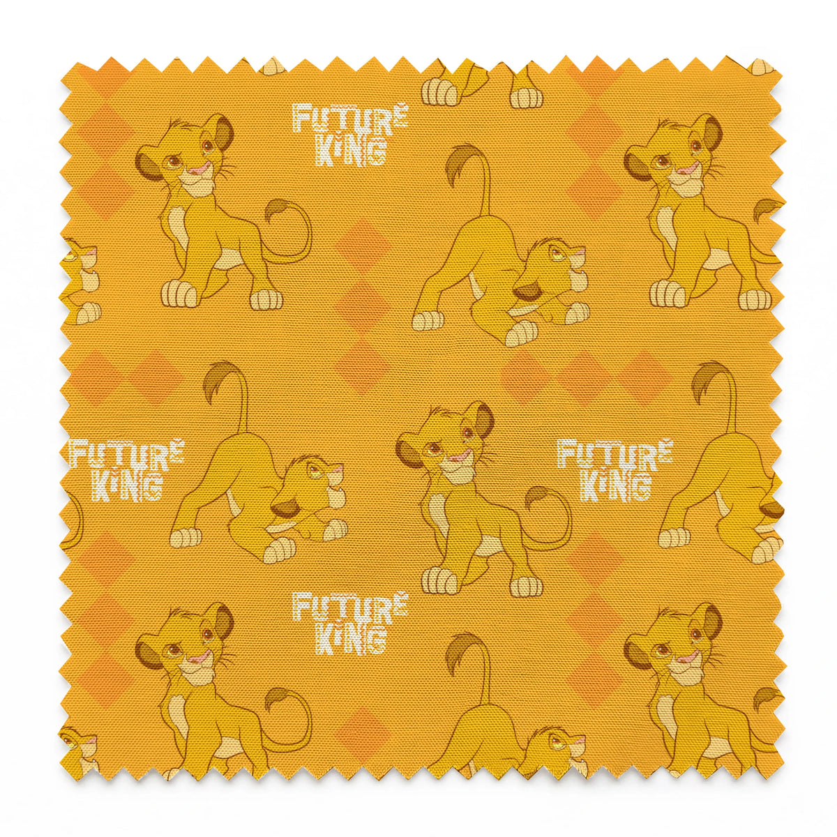 Young lion cub cartoon pattern on orange diamond background with "Future King" text springs swatch pinked