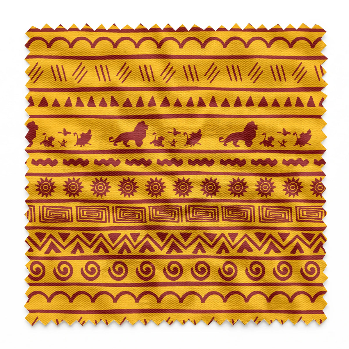 Traditional African pattern in yellow and maroon with spirals, lions, geometric designs, and sun symbols arranged in horizontal bands springs swatch pinked