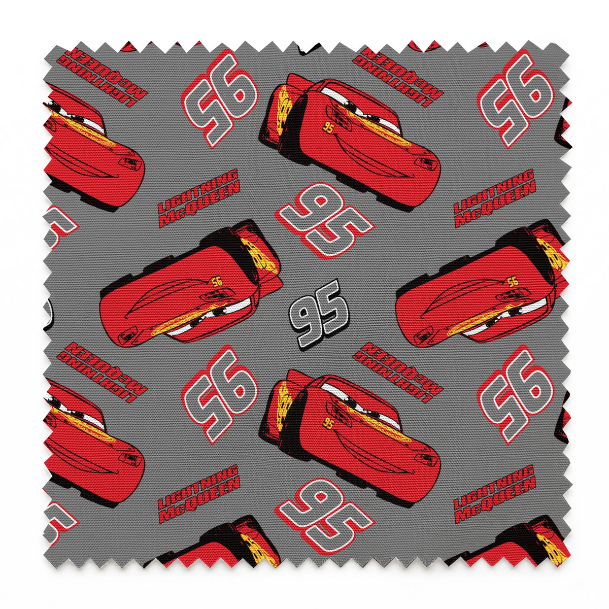 Lightning McQueen pattern with red race cars and number 95 on gray background springs swatch pinked