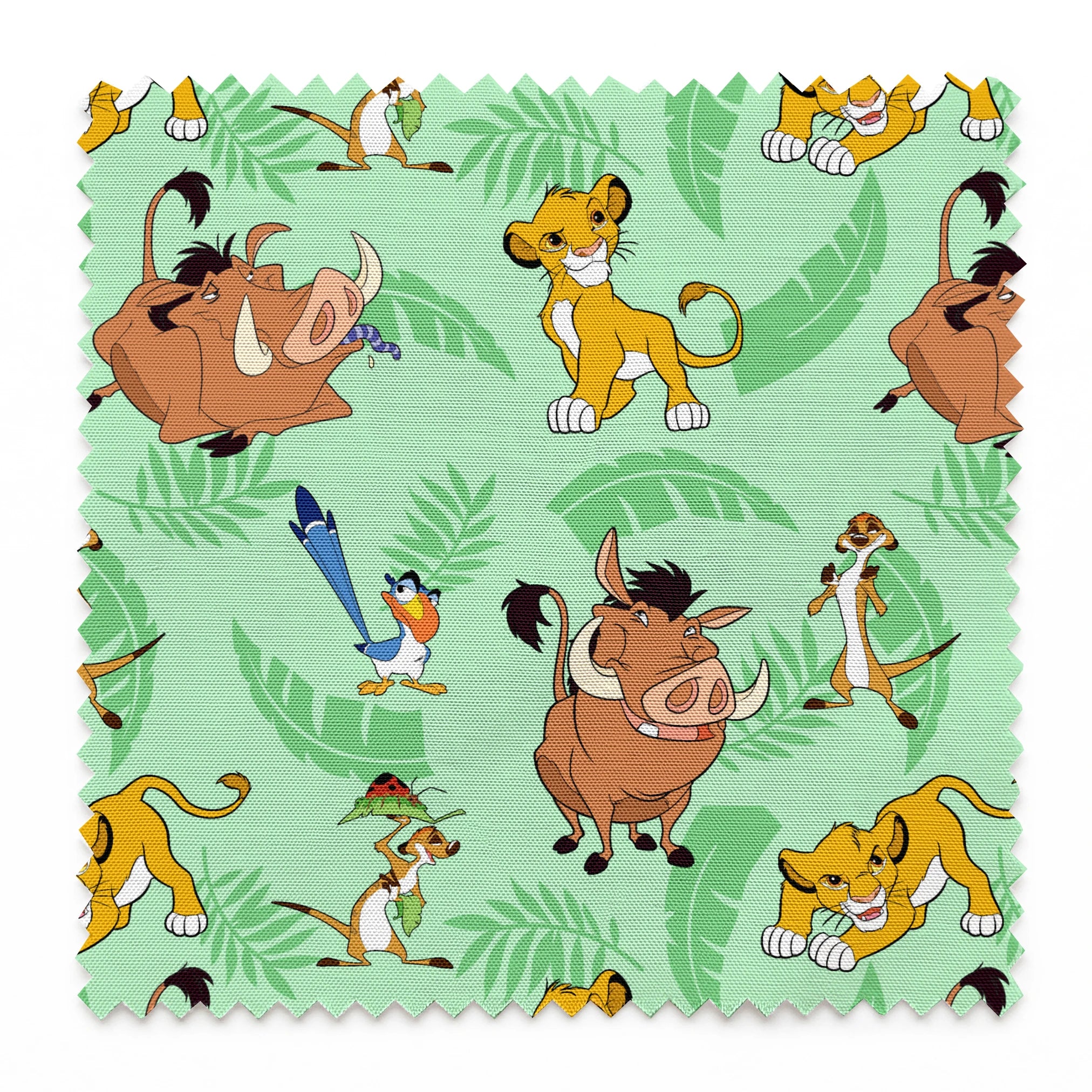A repeating pattern of Lion King characters - Simba, Timon, Pumbaa, and Zazu on a light green leafy background. springs swatch pinked