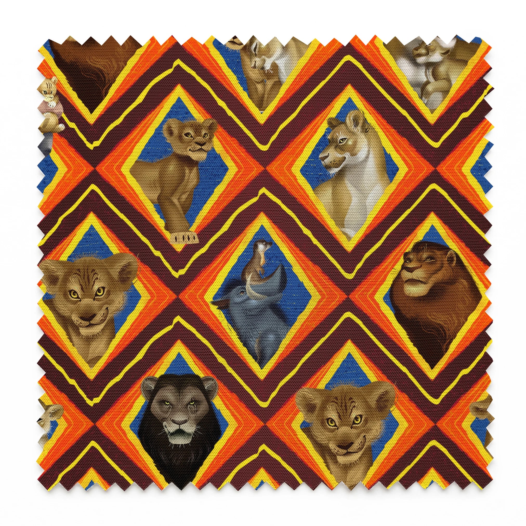 Diamond pattern of illustrated lions with various expressions in brown, tan, and gray against colorful geometric backgrounds. springs swatch pinked
