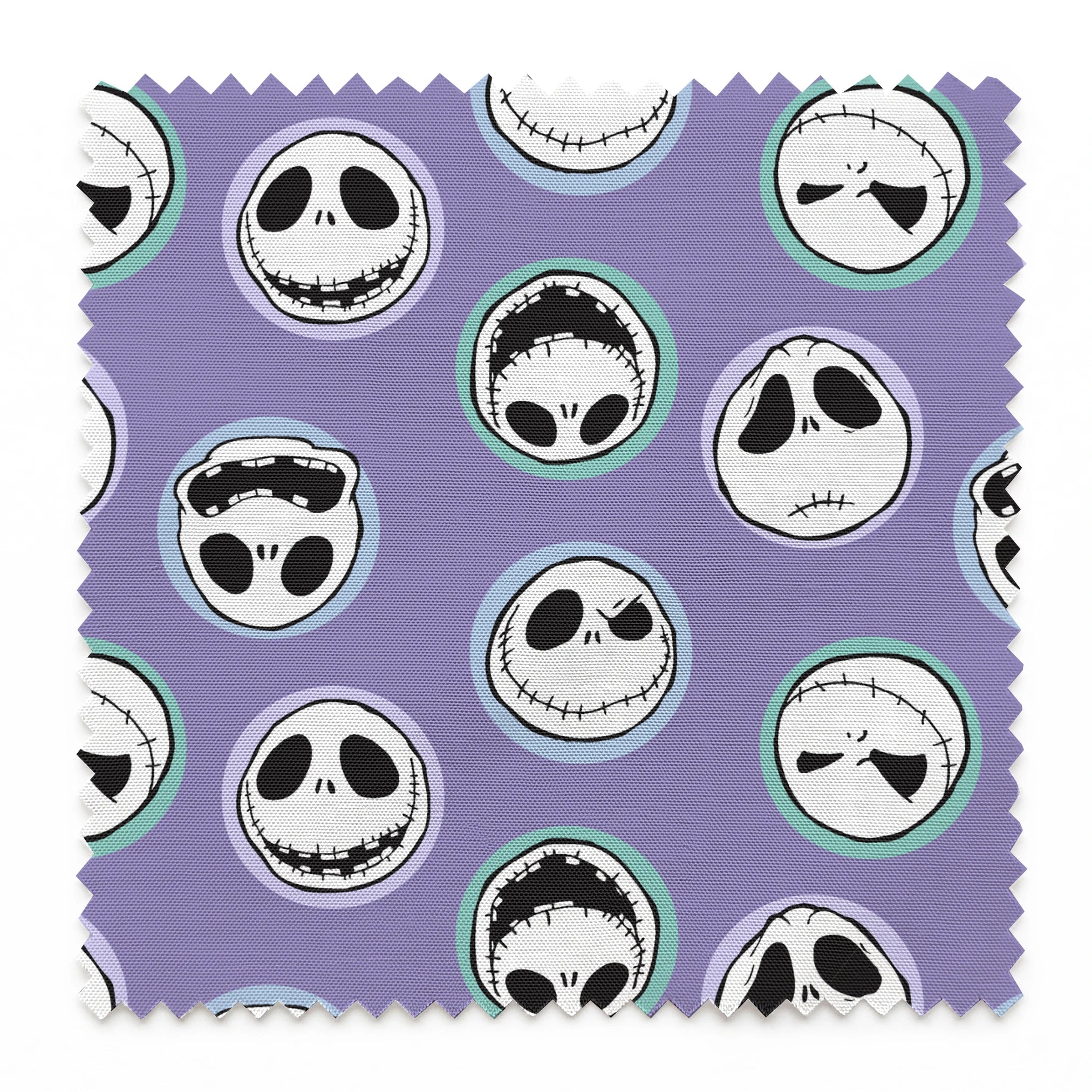 Repeating skull faces with stitched mouths and large eyes on purple background in cartoon style springs swatch pinked