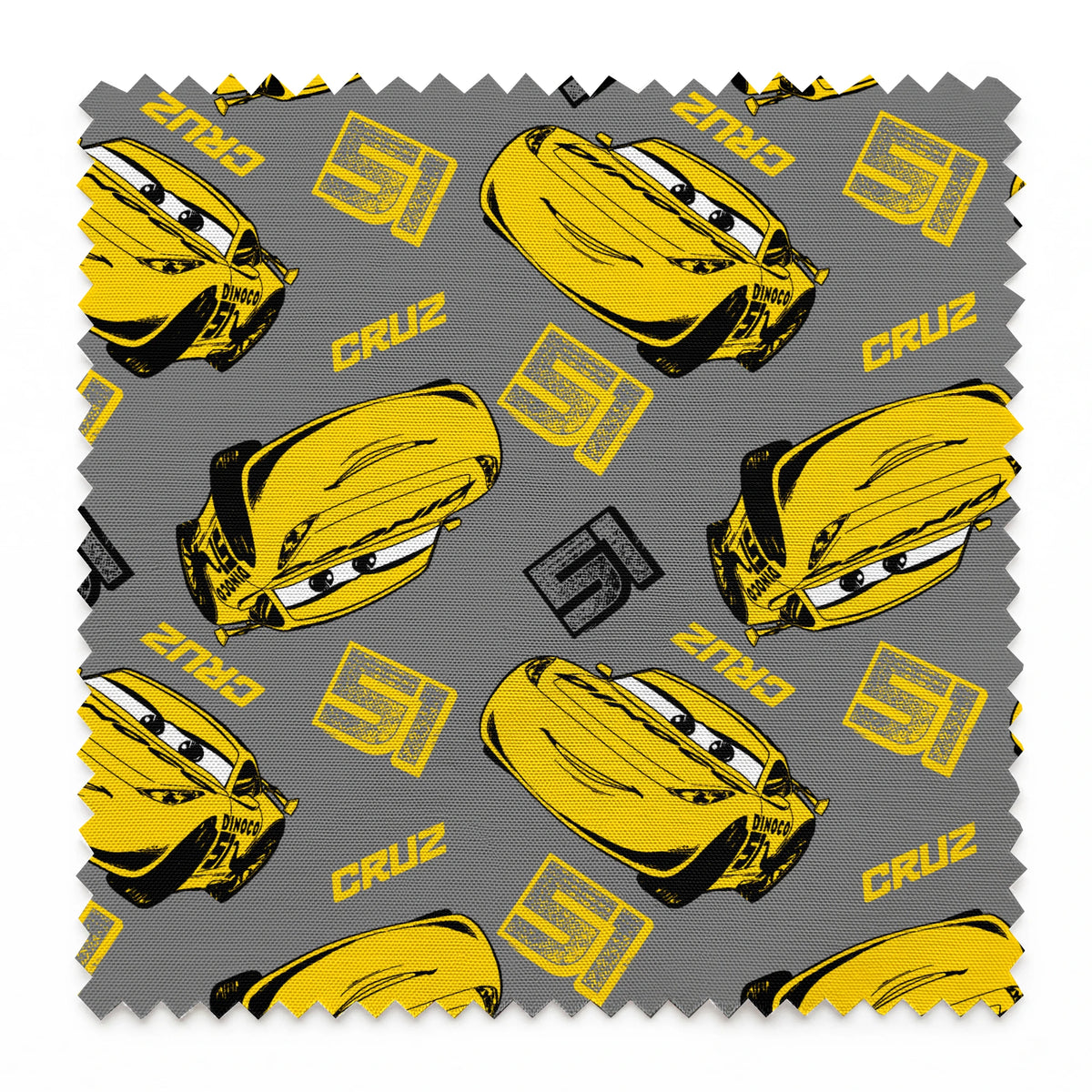 Yellow cartoon race cars with Cruz name on gray background, Cars movie pattern springs swatch pinked