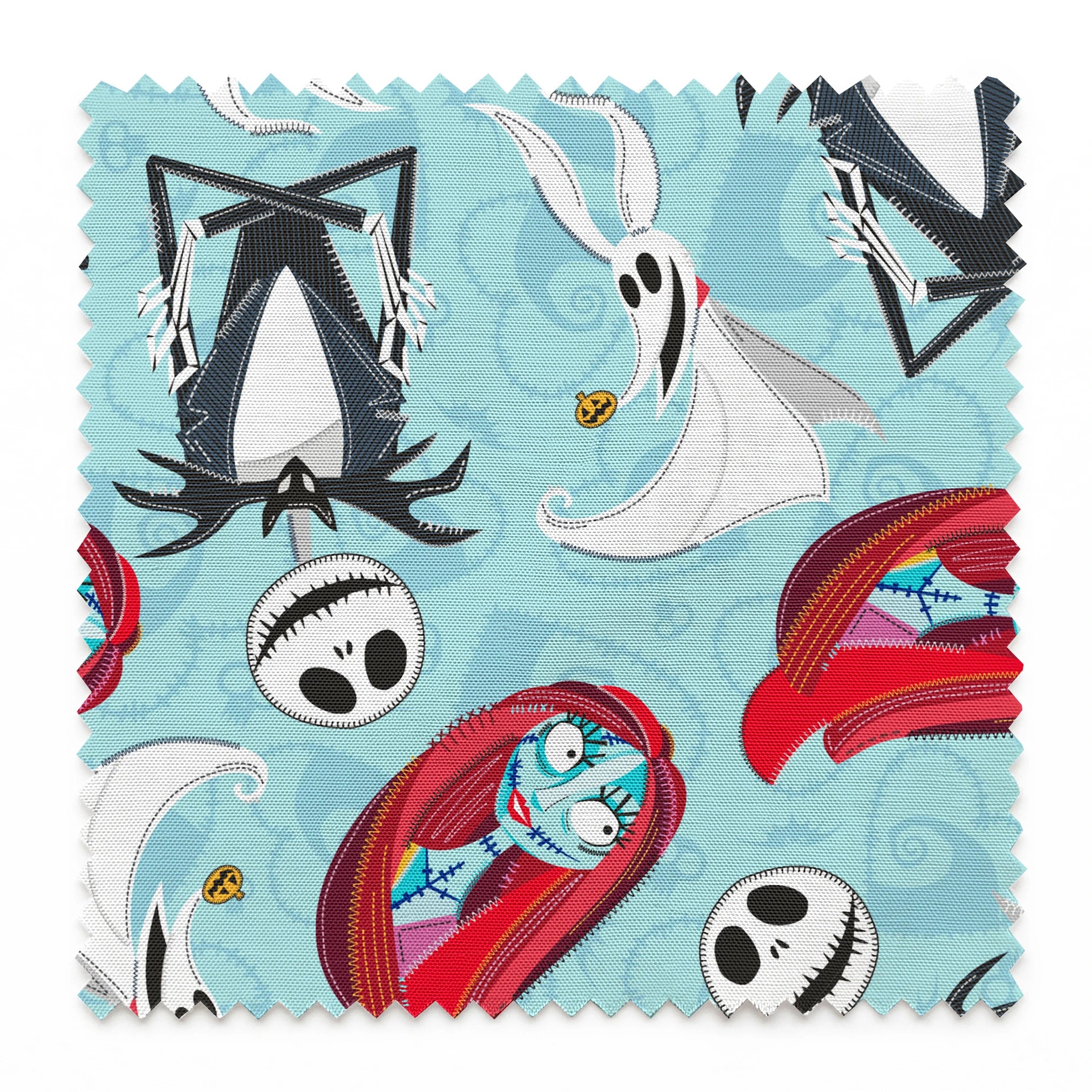 Nightmare Before Christmas pattern with Jack Skellington, Zero ghost dog, and coffin shapes on light blue background springs swatch pinked