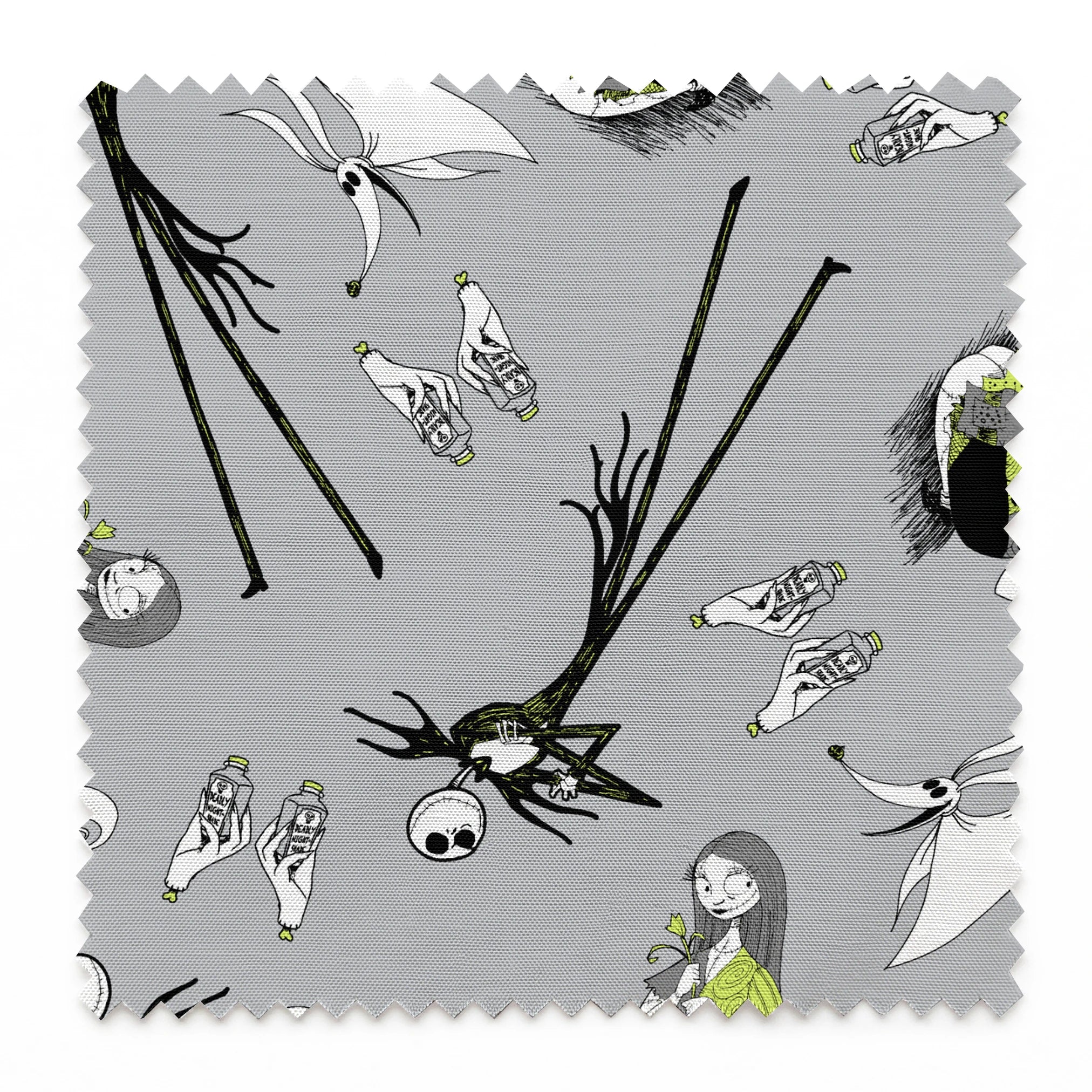 Spooky pattern with stylized ghostly figures, skeletal creatures, and green accents on gray background springs swatch pinked