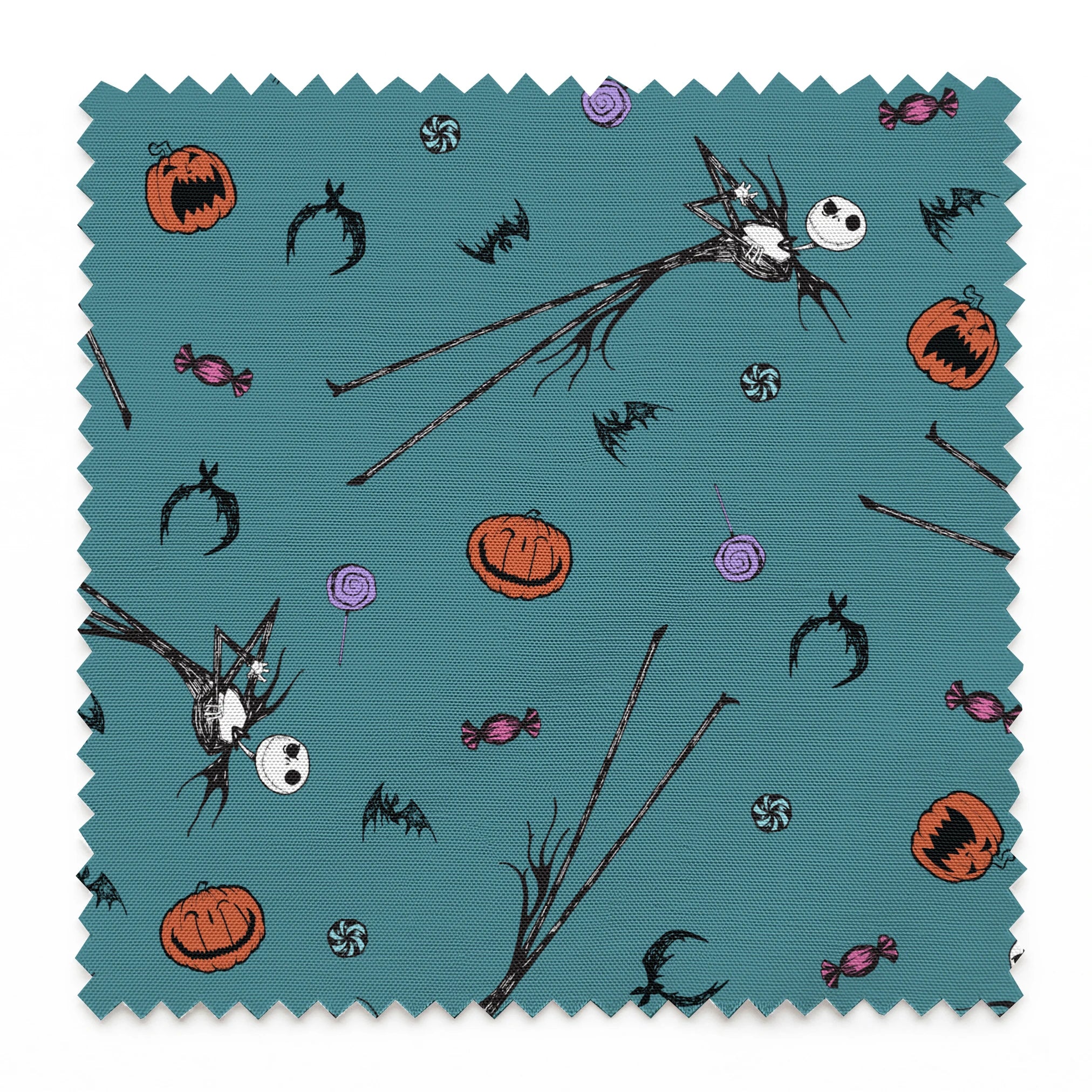 Halloween pattern with witch brooms, pumpkins, bats, candy, and creepy eyes on teal background springs swatch pinked