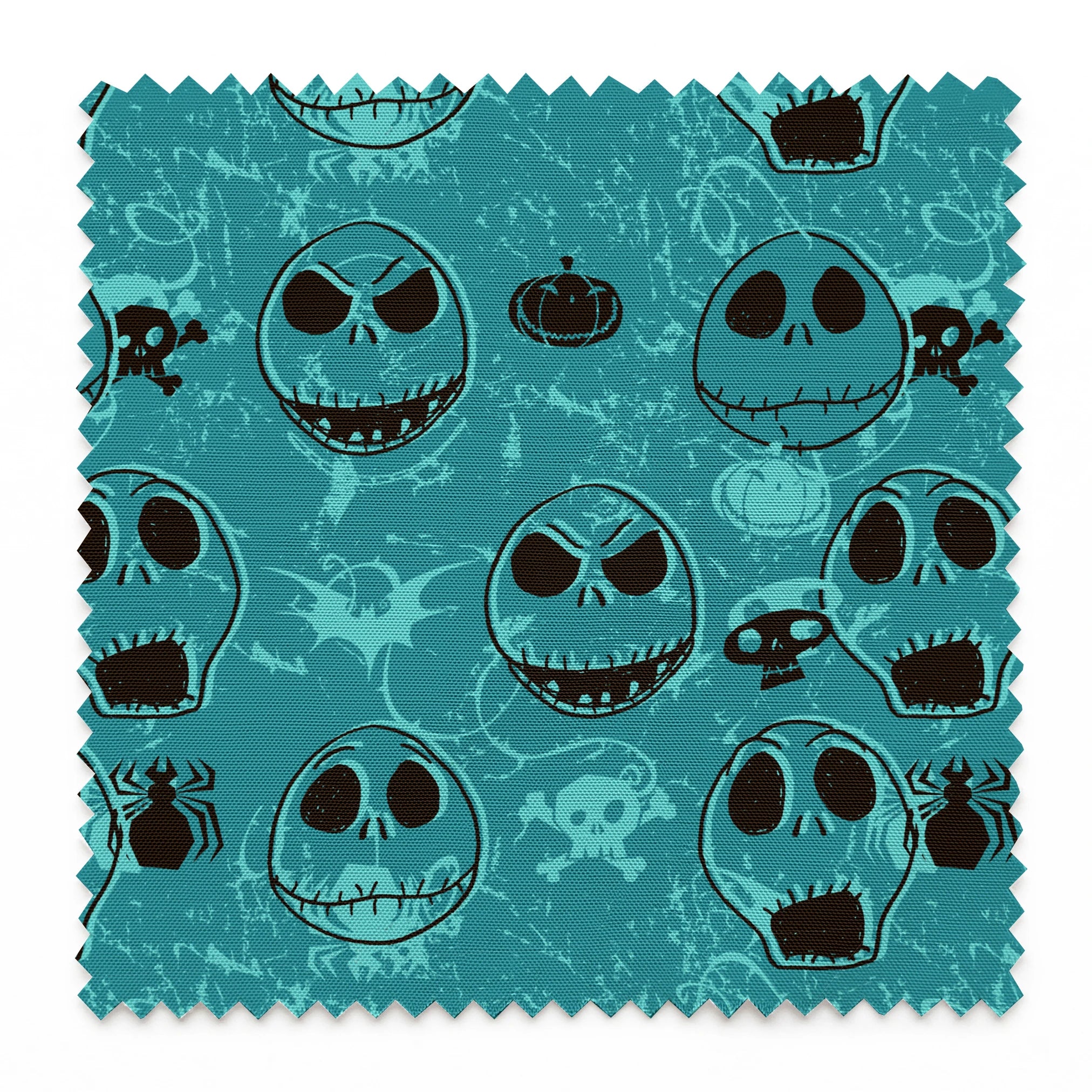 Teal pattern of cartoon skull faces with different expressions, Halloween elements like pumpkins and spiders springs swatch pinked