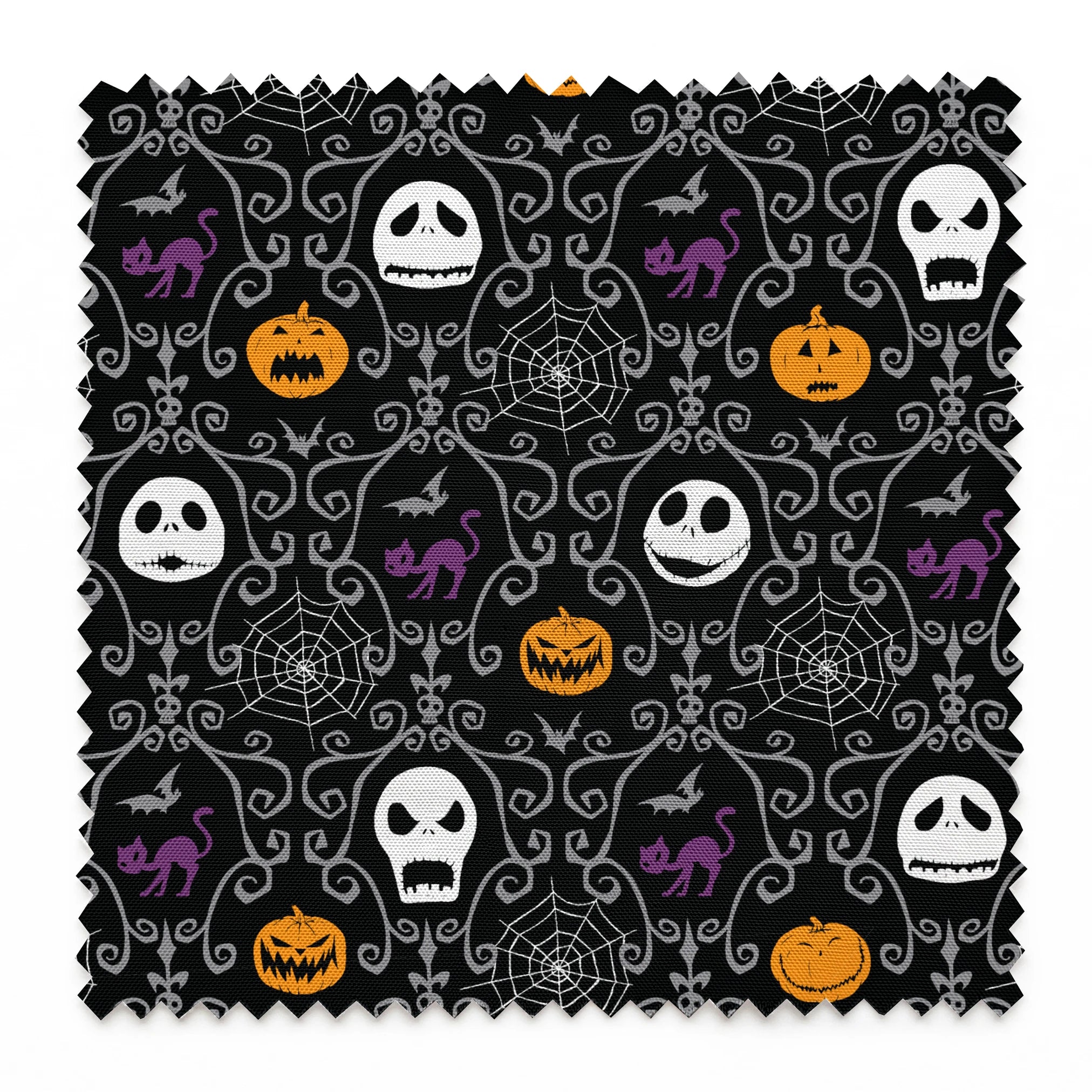 Nightmare Before Christmas pattern with skulls, pumpkins, bats and ornate swirls on black background springs swatch pinked