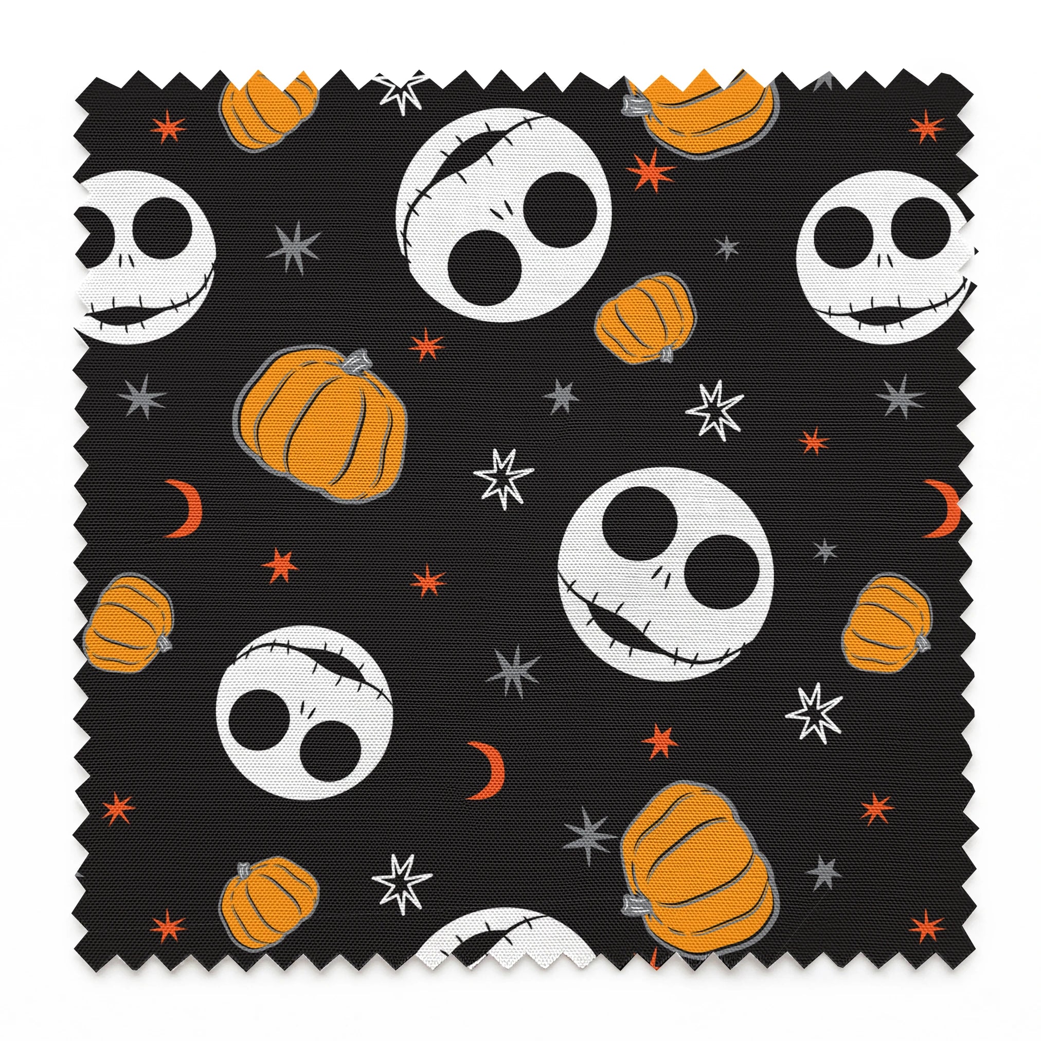 Halloween pattern with Nightmare Before Christmas characters, orange pumpkins, stars and crescent moons on black background springs swatch pinked