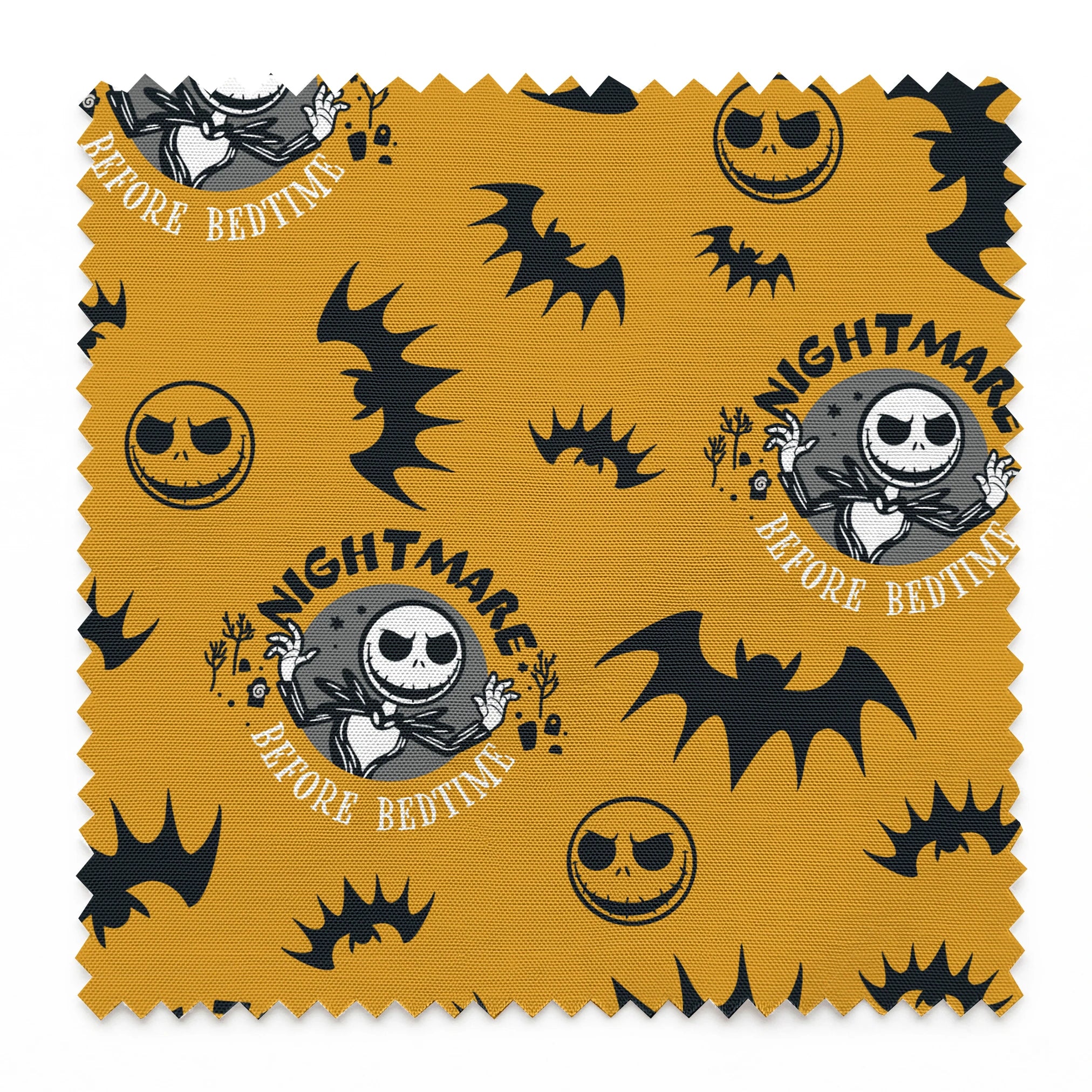 Halloween pattern with skeletal figure, "Nightmare" text, yellow background, black bats and smiling faces springs swatch pinked