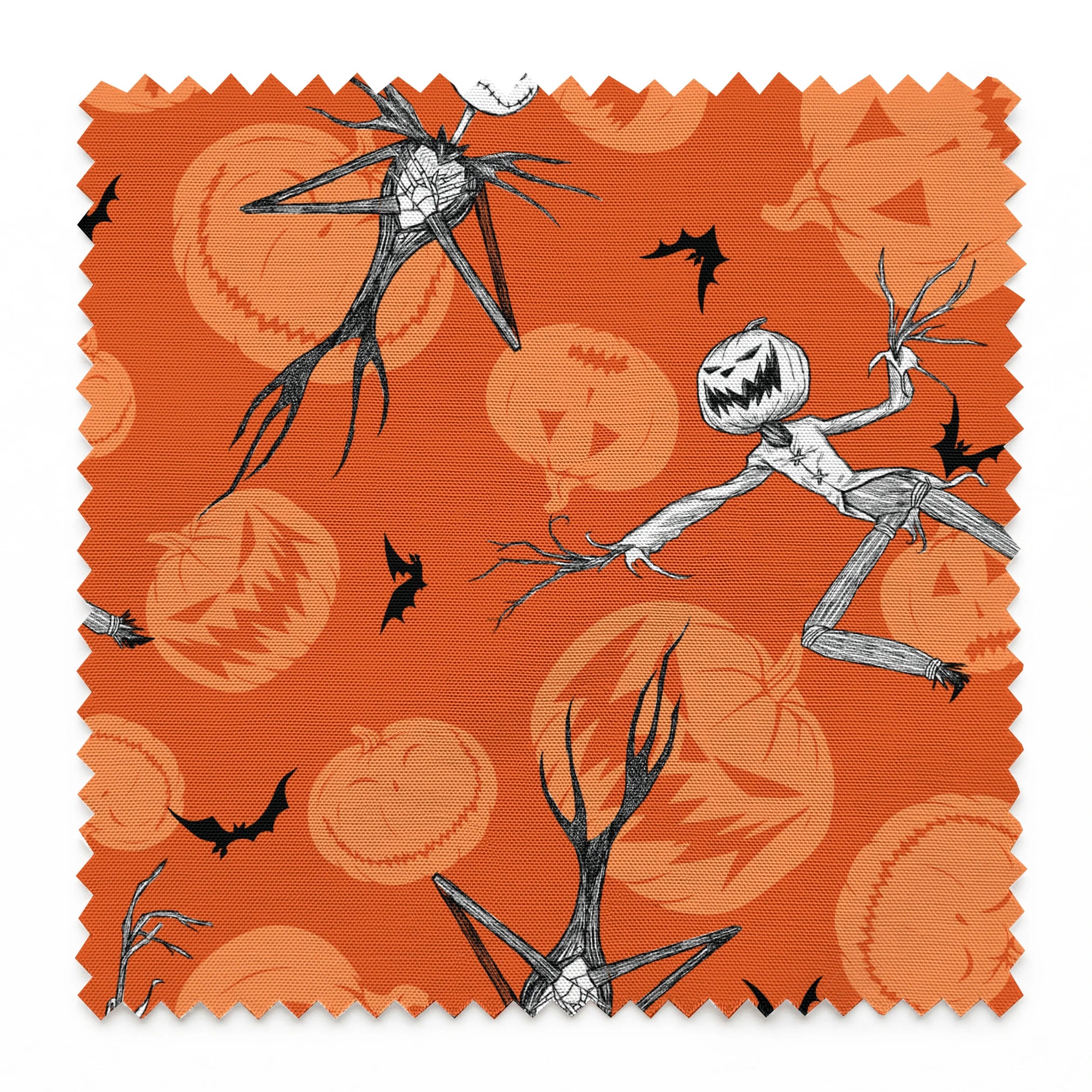 Nightmare Before Christmas pattern with Jack Skellington, bats, and jack-o'-lantern silhouettes on orange background springs swatch pinked