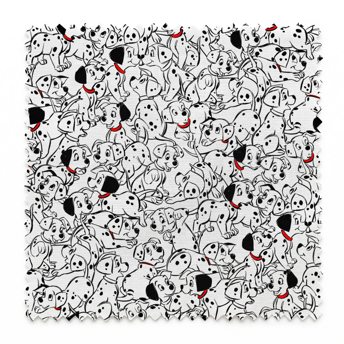 A densely packed pattern of Dalmatian puppies with black spots and red collars, creating a whimsical black and white illustration. springs swatch pinked