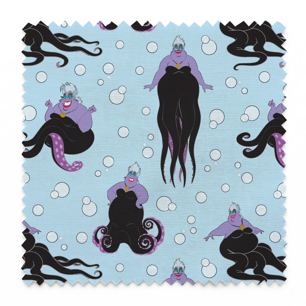 Ursula with black tentacles swimming in a light blue underwater scene with white bubbles springs swatch pinked