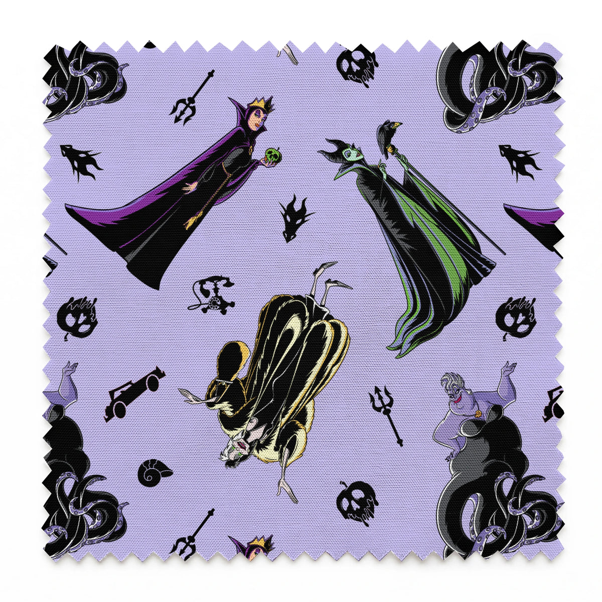 Disney villain characters pattern on purple background, featuring Maleficent and other iconic antagonists in stylized form springs swatch pinked