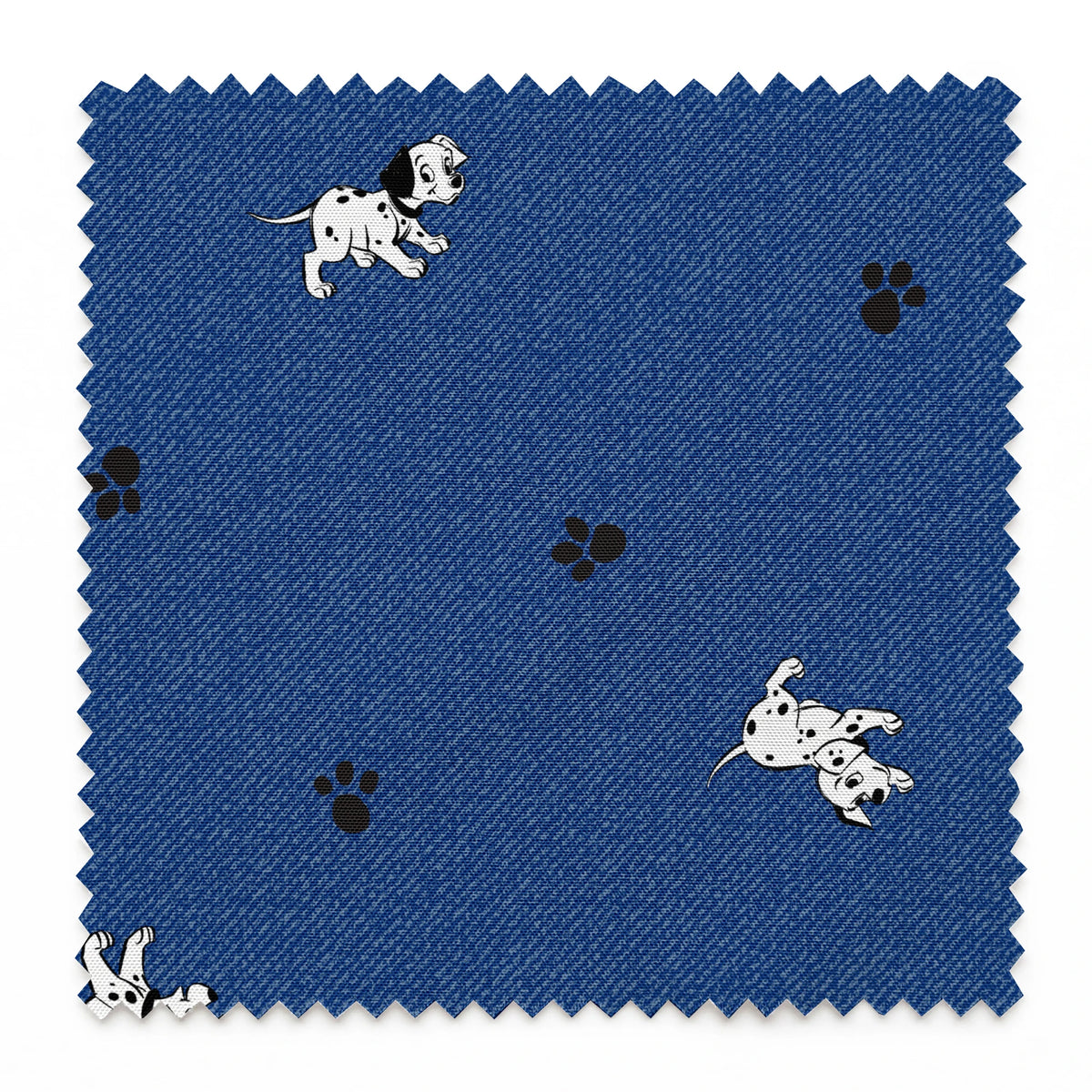 Blue background with small white cartoon-style space astronauts and black paw prints scattered across the pattern springs swatch pinked