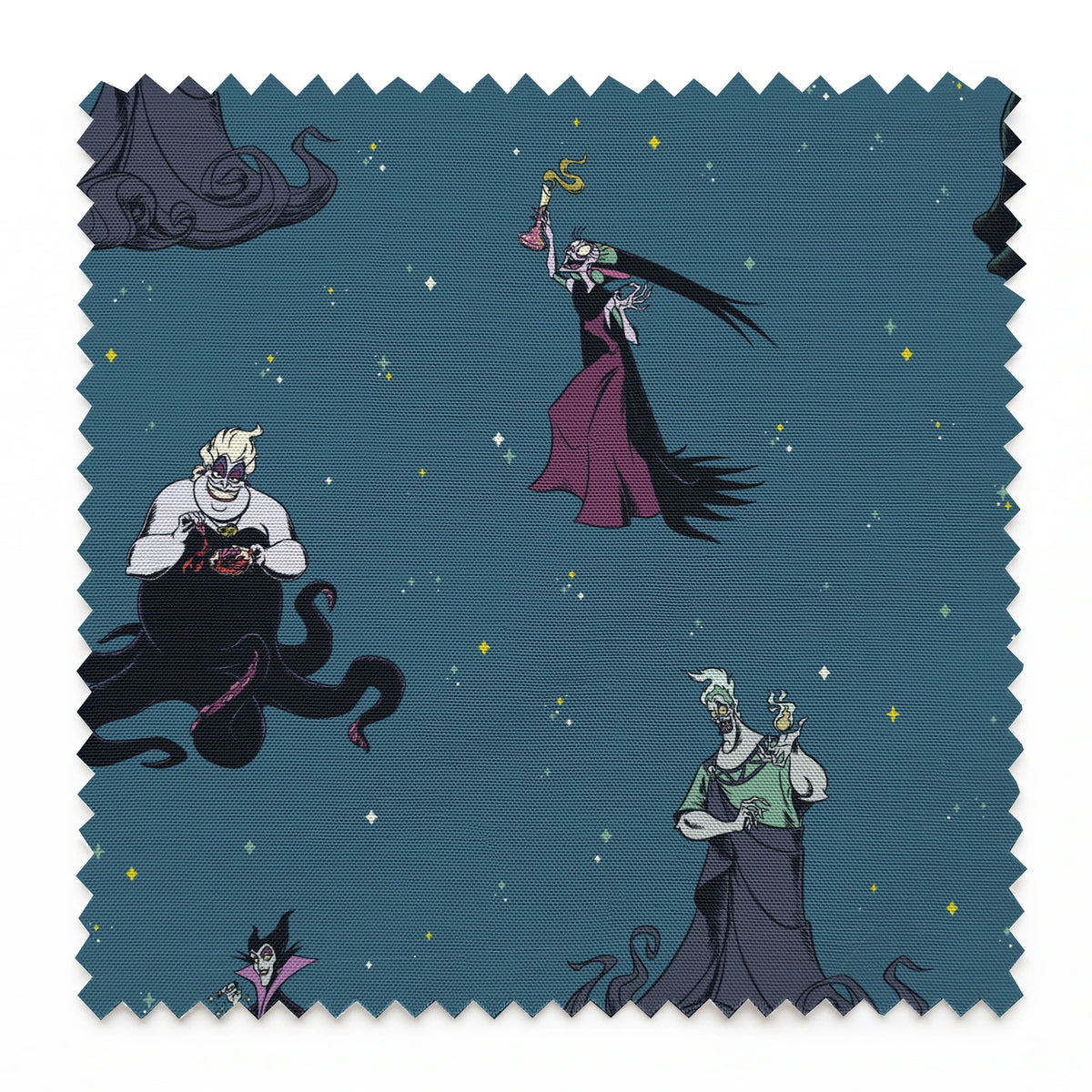 Disney villains pattern on teal background featuring Ursula, Maleficent, Cruella, and Scar in various poses springs swatch pinked