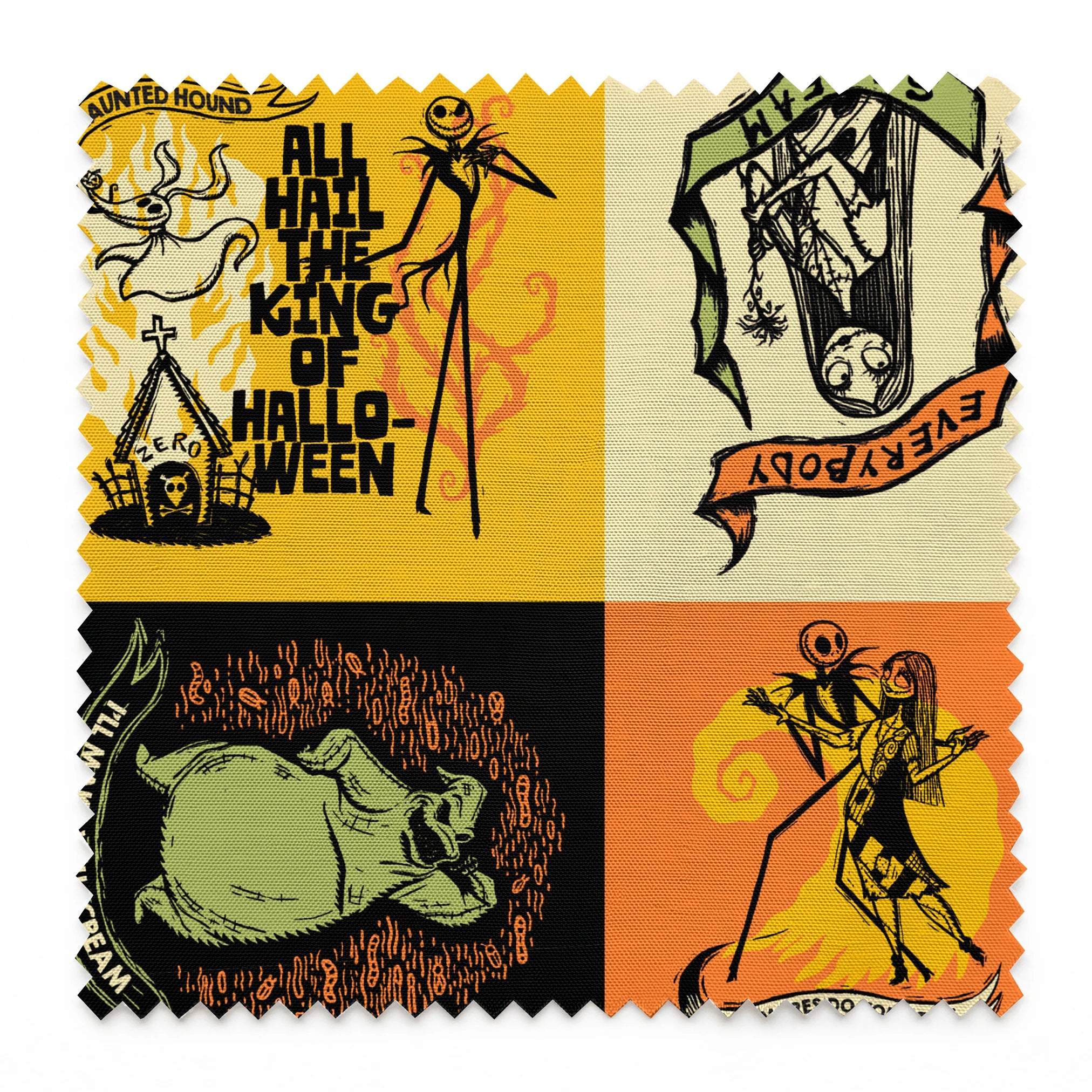 Four stylized Nightmare Before Christmas illustrations in a grid with yellow, green, and orange backgrounds featuring  a haunted house and gothic imagery. springs swatch pinked
