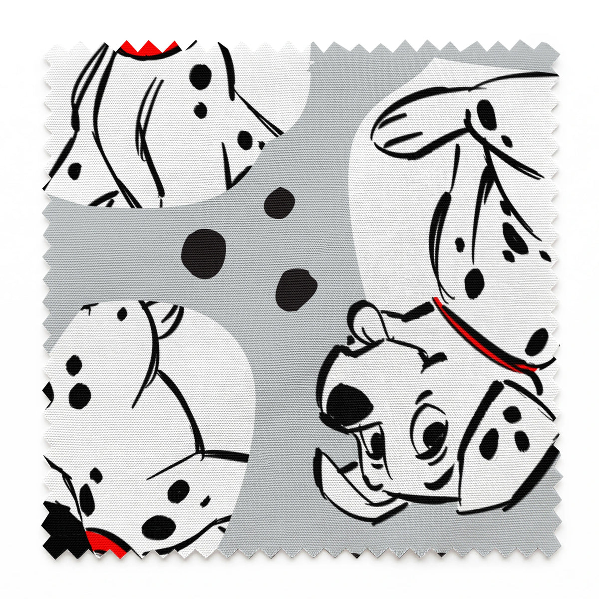 Cartoon Dalmatian dogs with red collars on gray background with black spots pattern springs swatch pinked