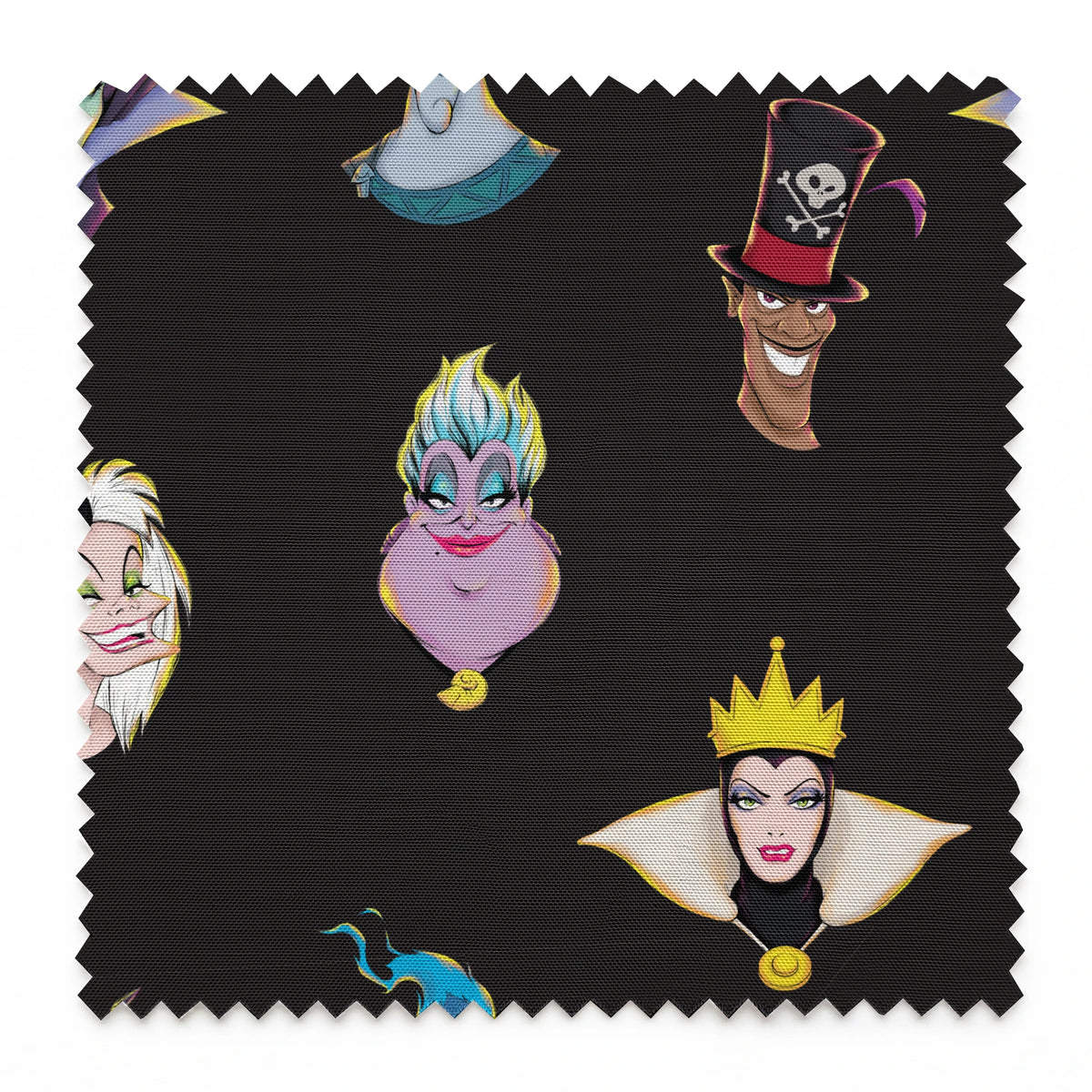 Illustrated Disney villain heads on black background including sea witch, evil queen, and others springs swatch pinked